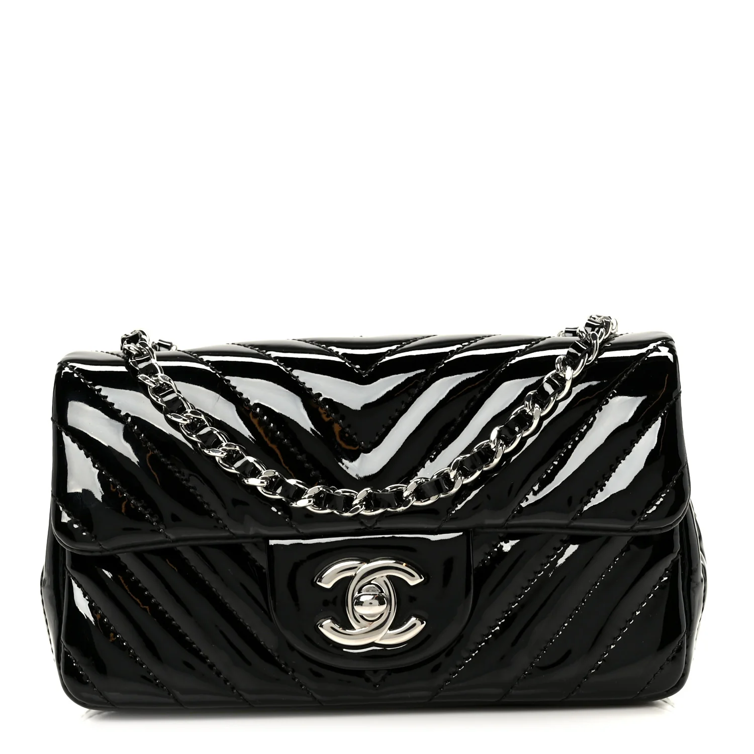 Patent Calfskin Chevron Quilted Extra Mini Flap Black