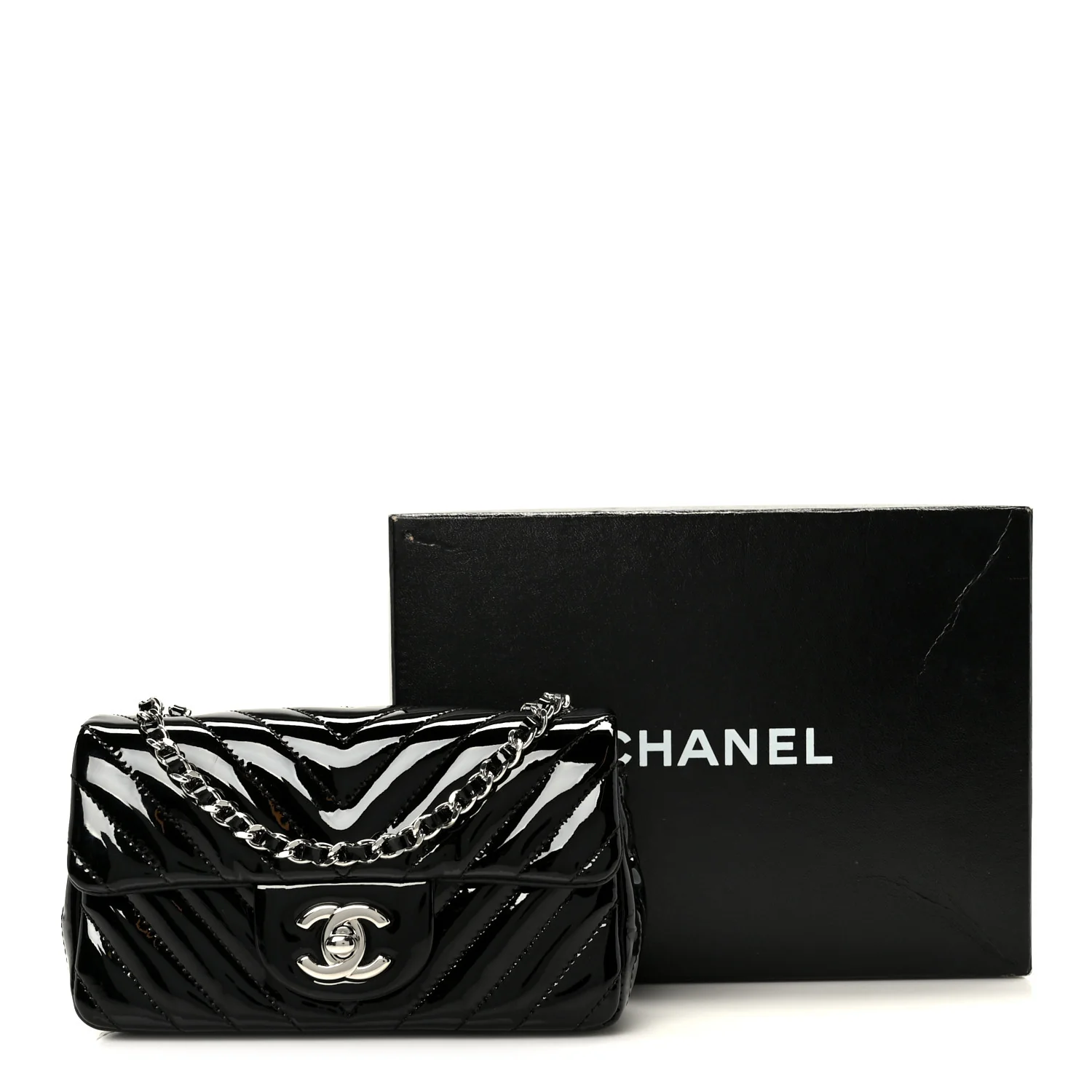 Patent Calfskin Chevron Quilted Extra Mini Flap Black - Image 12