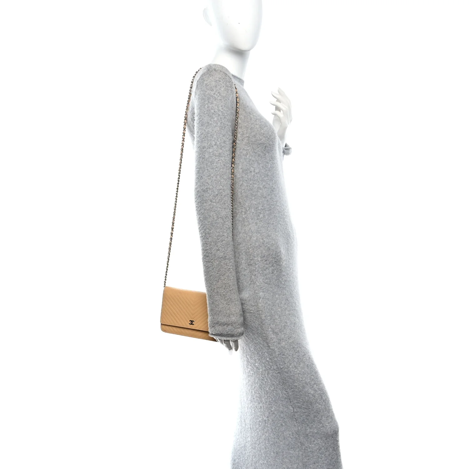 Patent Calfskin Chevron Quilted Wallet On Chain WOC Beige - Image 2