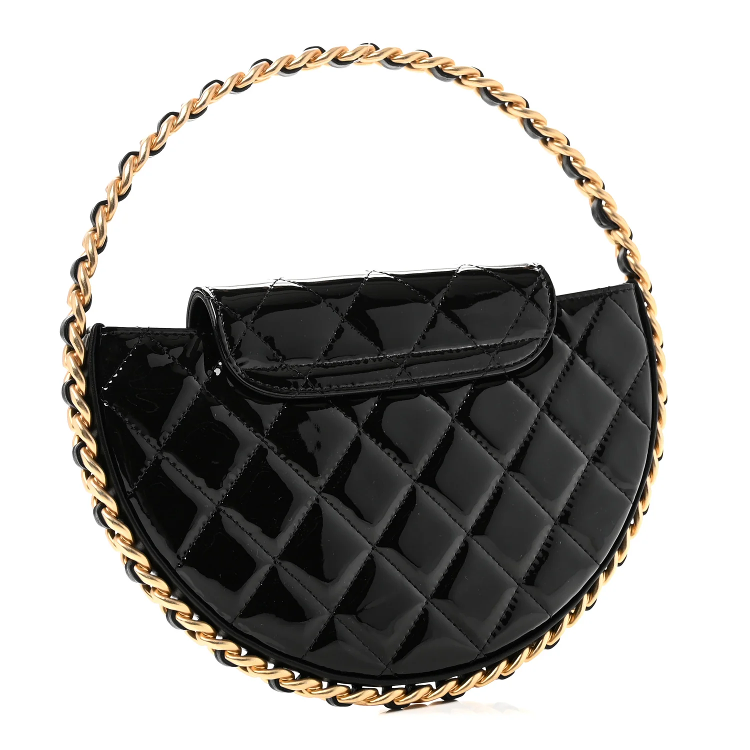 Patent Calfskin Quilted Chain Hoop Bag Black - Image 3