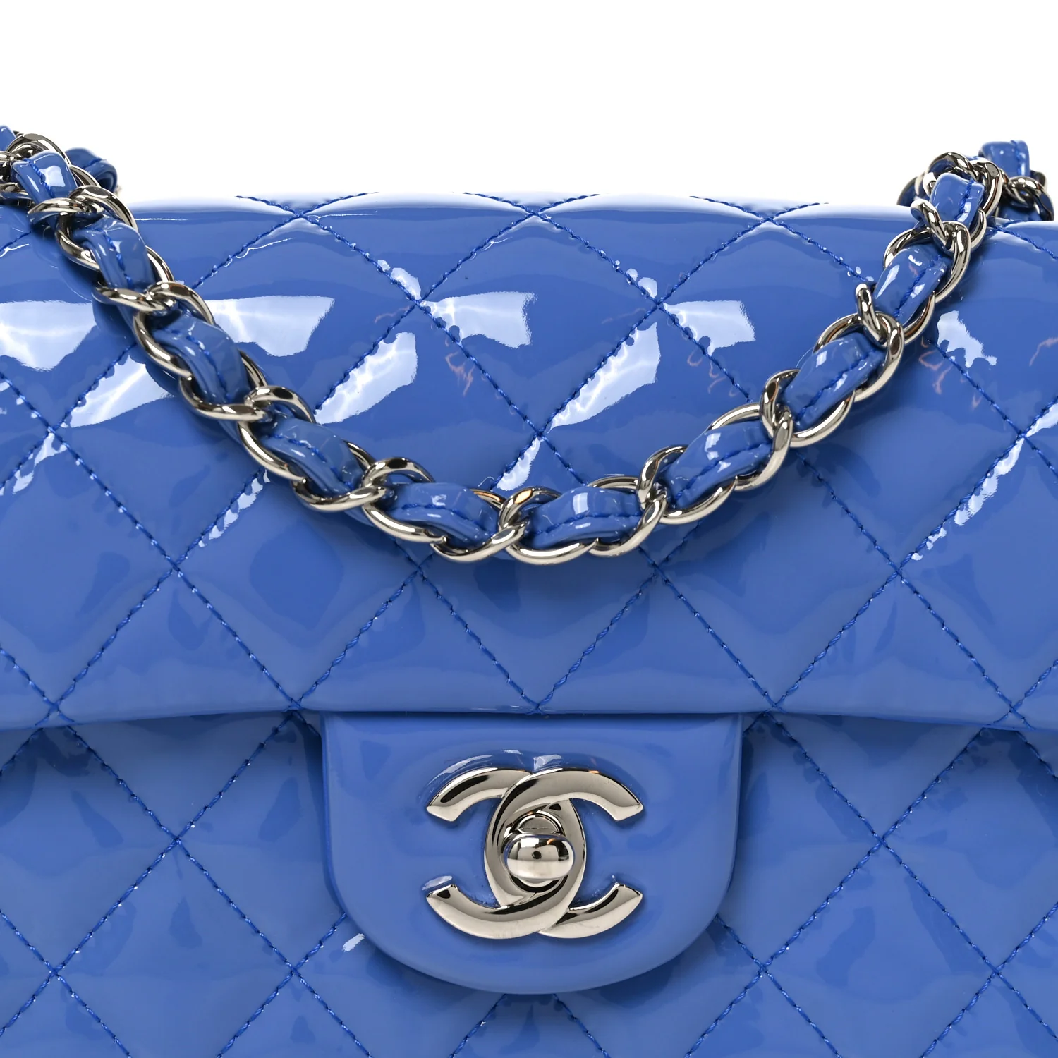Patent Calfskin Quilted Mini Rectangular Flap Blue - Image 7