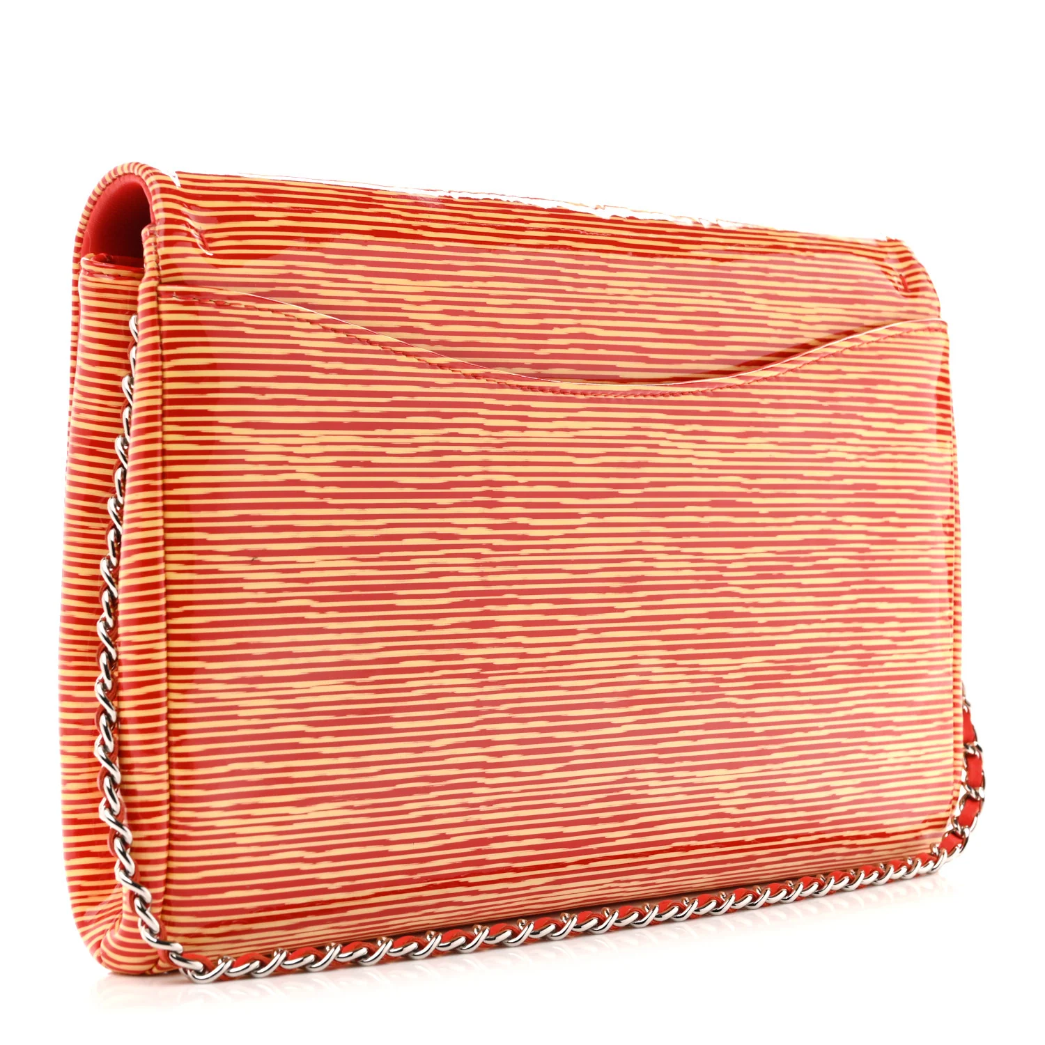 Patent Calfskin Striped Clutch With Chain Flap Red - Image 3