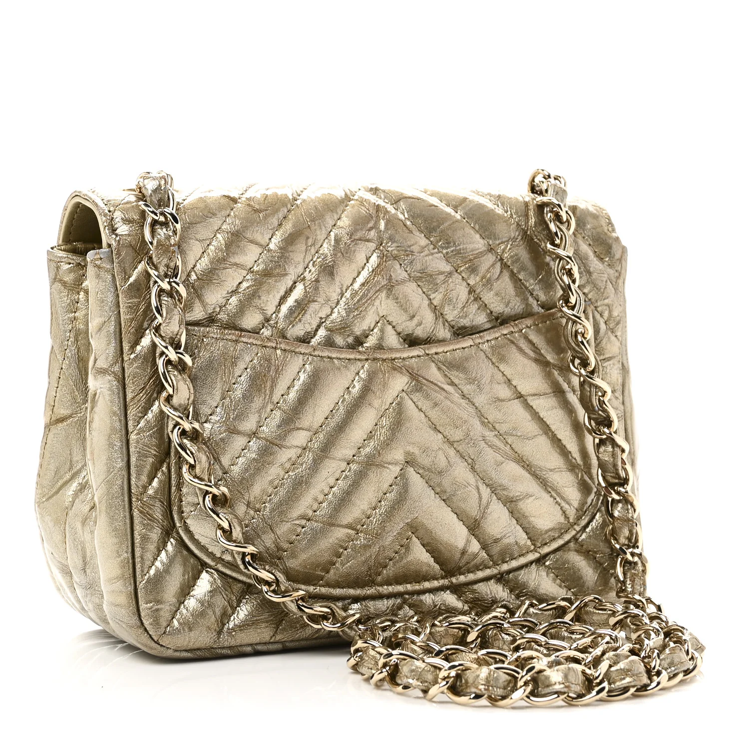 Patent Metallic Crumpled Calfskin Chevron Quilted Mini Square Flap Gold - Image 3