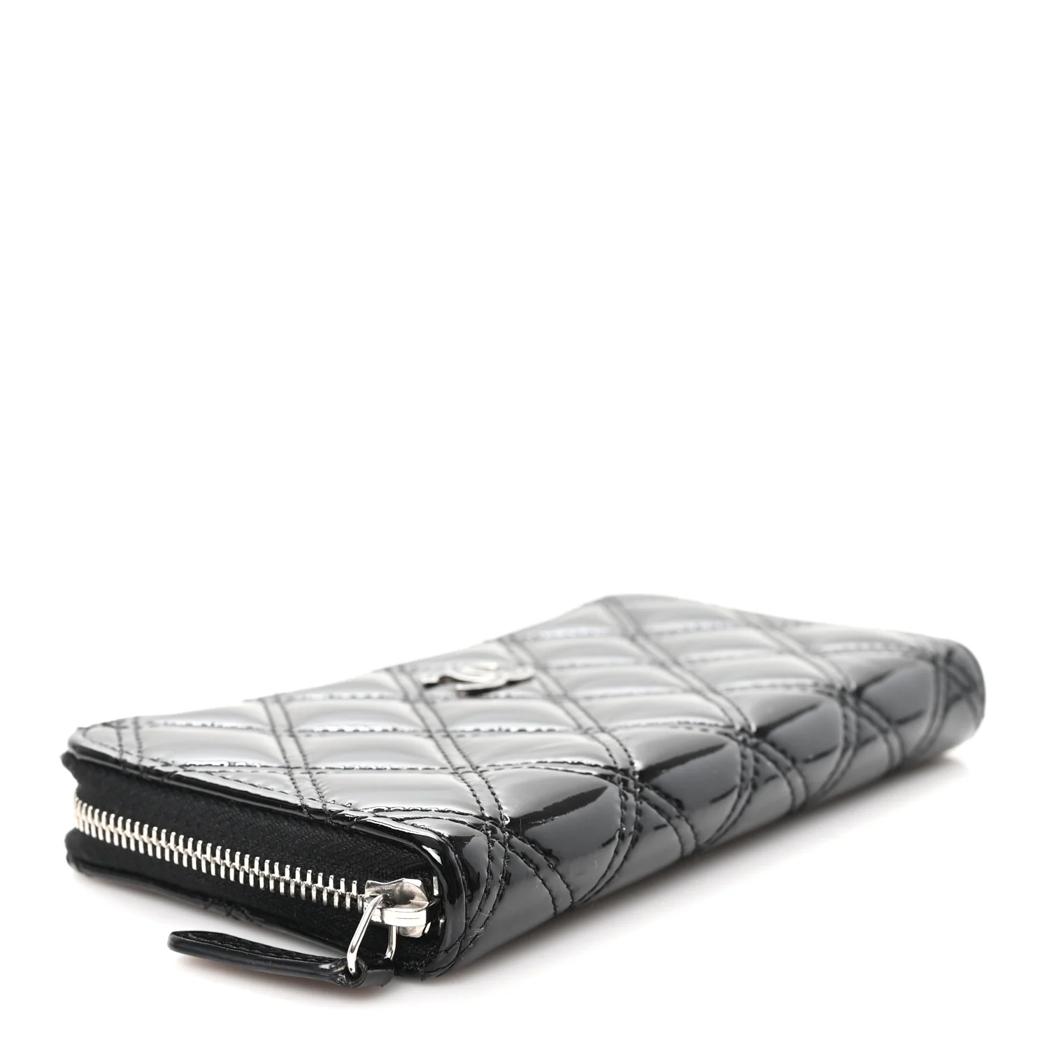 Patent Quilted Double Stitched Zip Around Wallet Black - Image 4