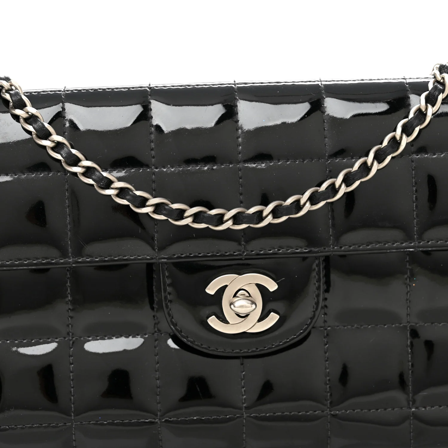 Patent Quilted East West Chocolate Bar Flap Black - Image 8