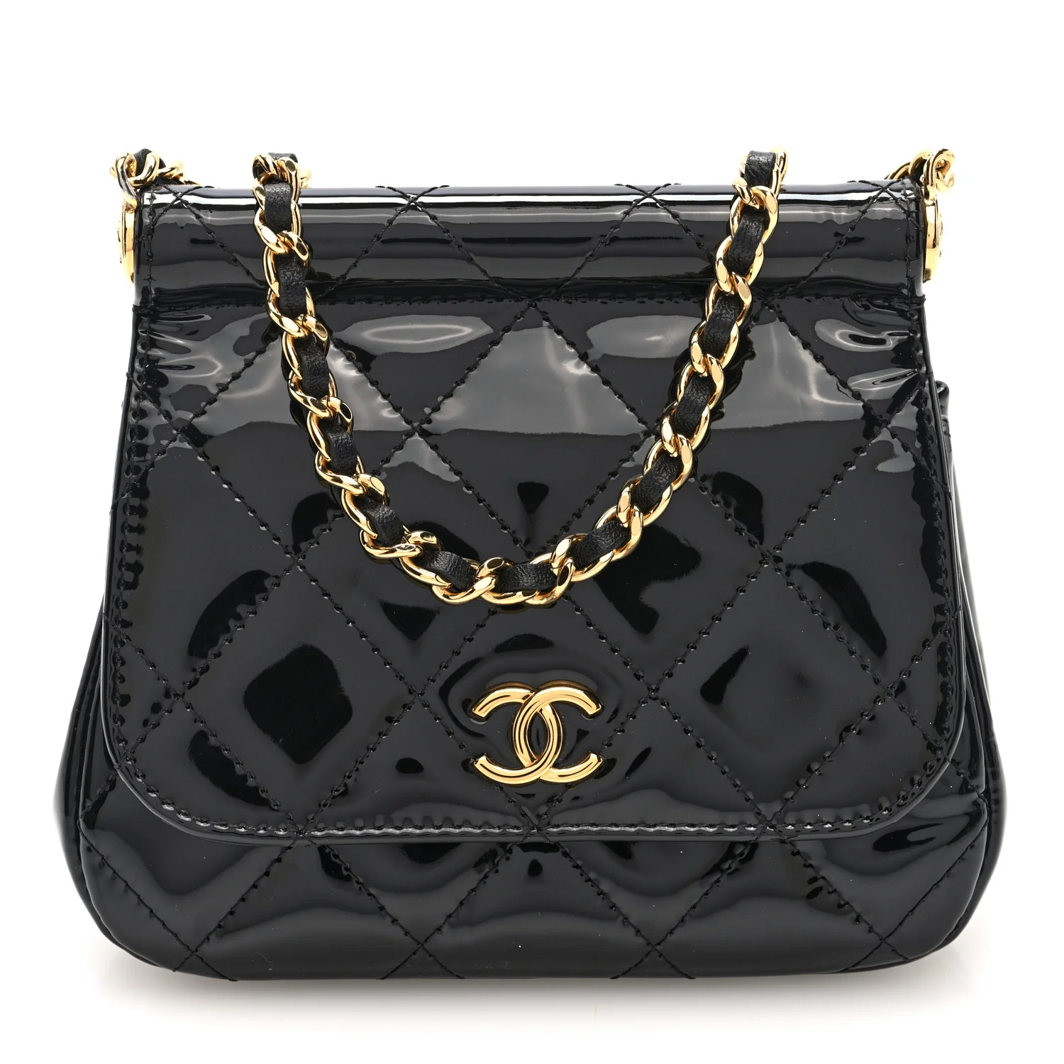 Patent Quilted Frame Clutch Flap With Chain Black