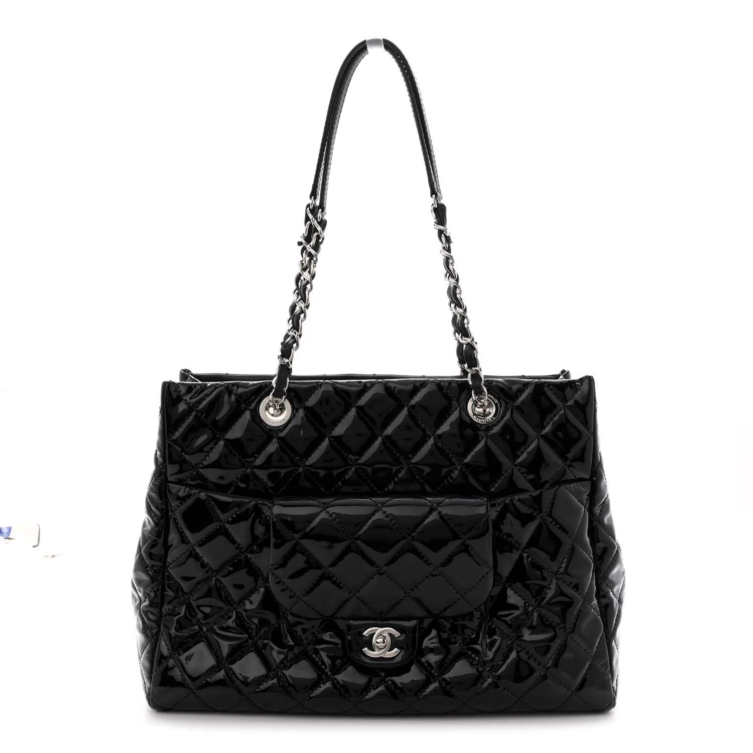 Patent Quilted Large Coco Shine Shopping Tote Black