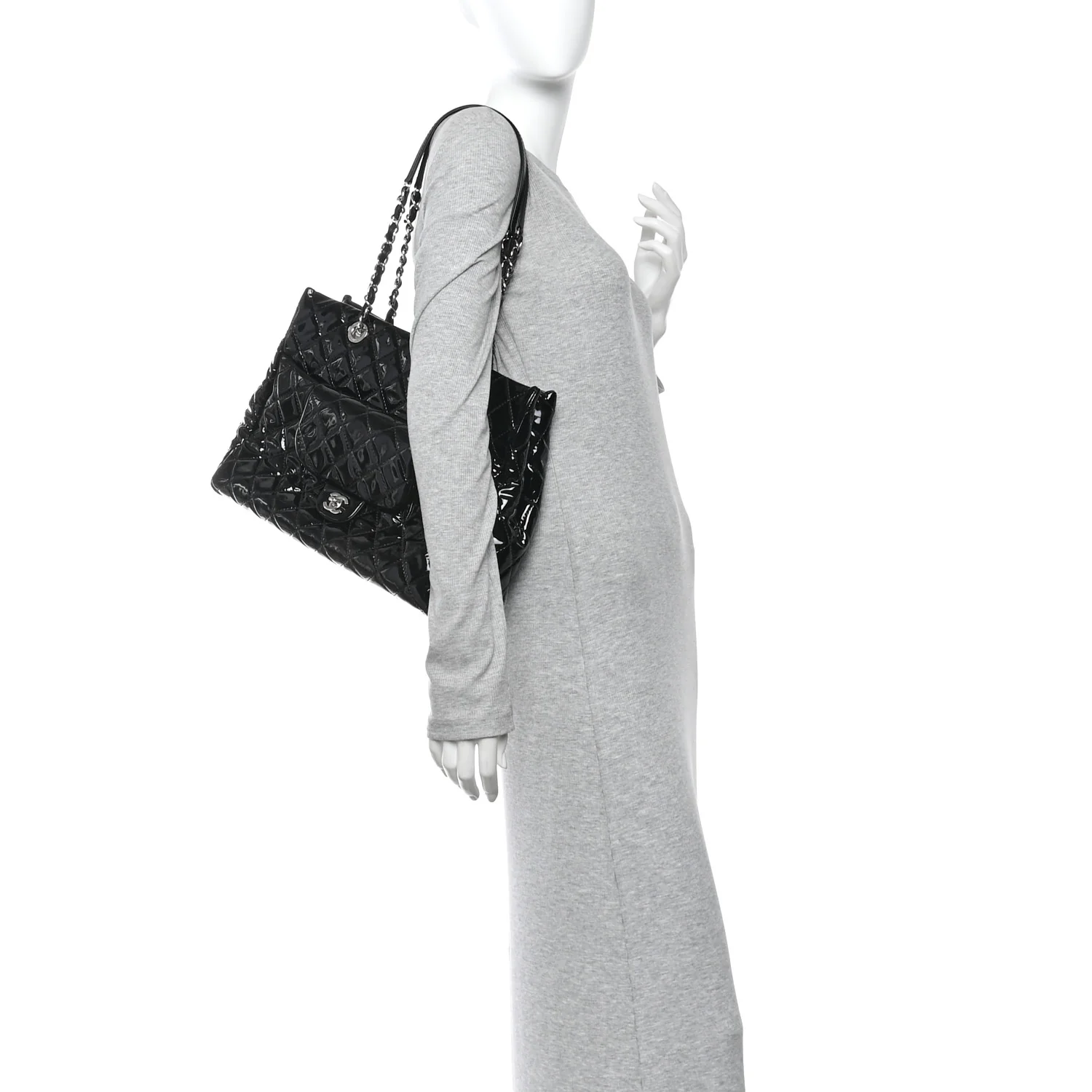 Patent Quilted Large Coco Shine Shopping Tote Black - Image 2