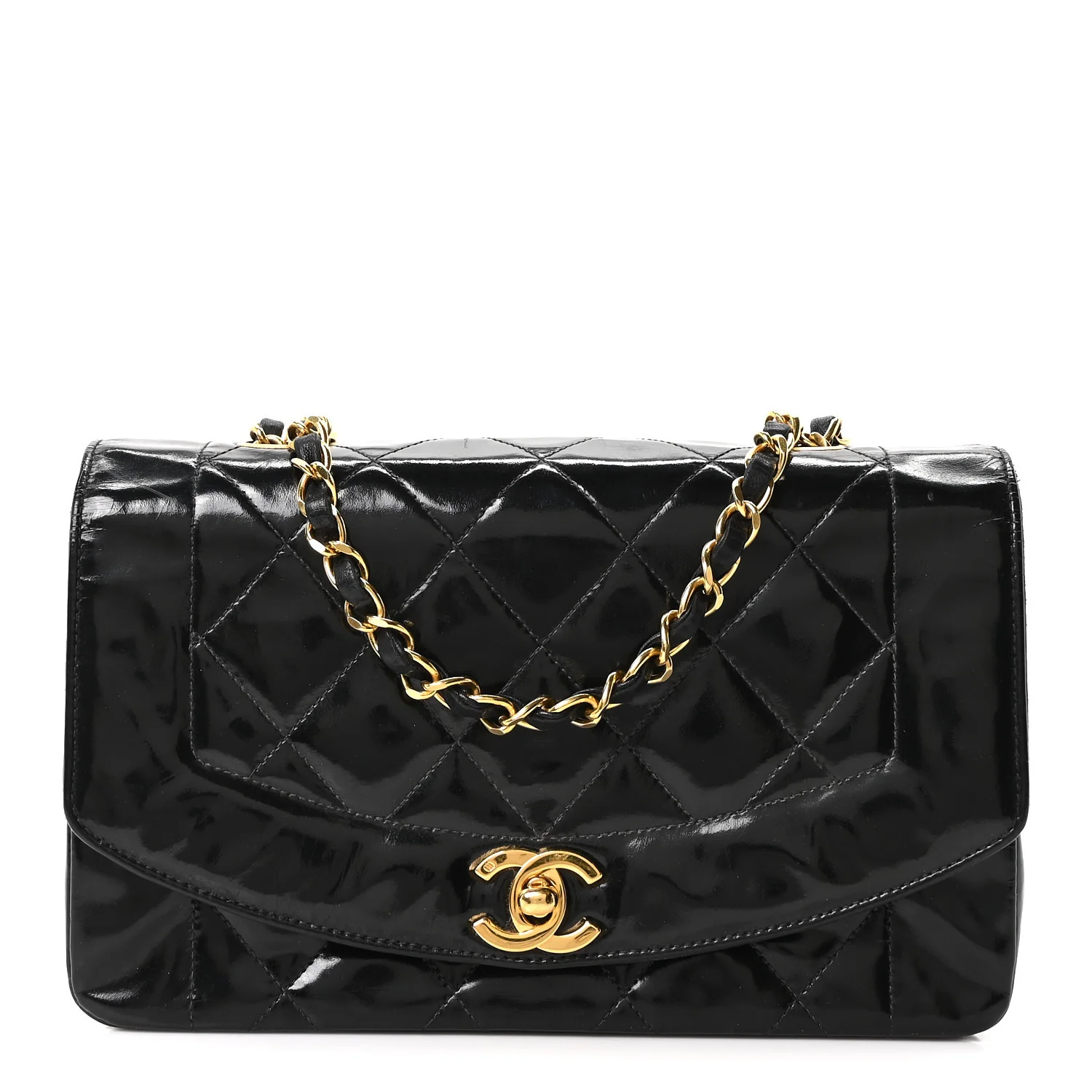 Patent Quilted Small Diana Flap Black