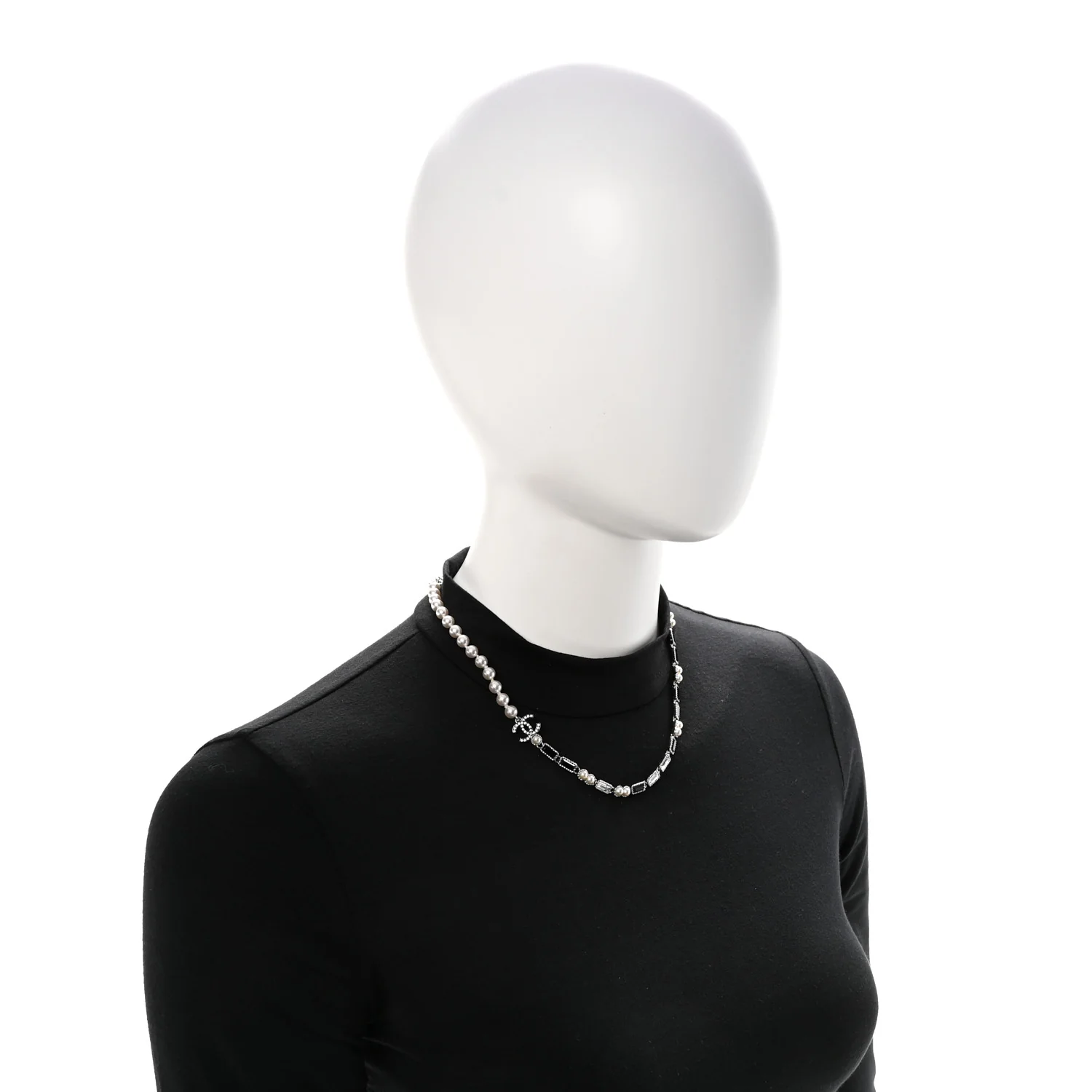 Pearl Baguette Crystal CC Choker Necklace Silver Black - Image 2