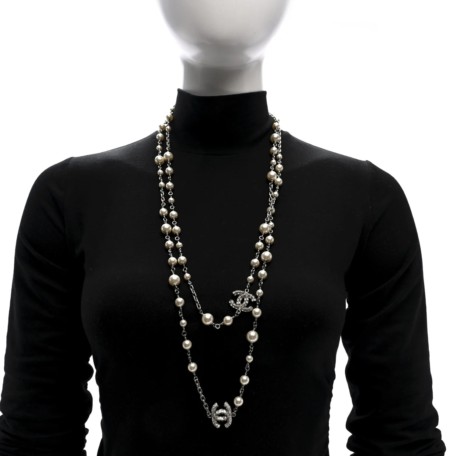 Pearl Baguette Crystal CC Long Necklace Silver - Image 2