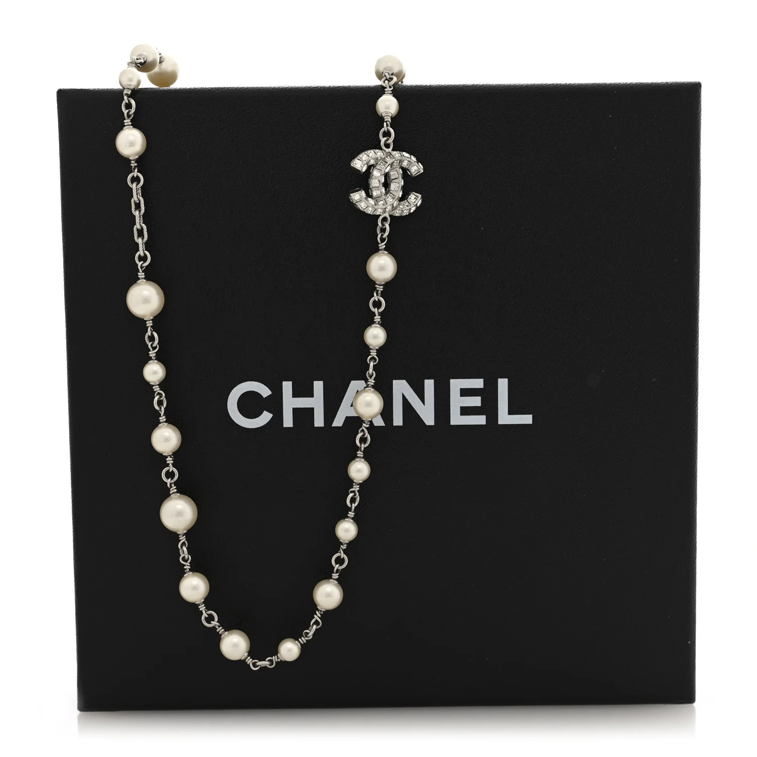 Pearl Baguette Crystal CC Long Necklace Silver - Image 4