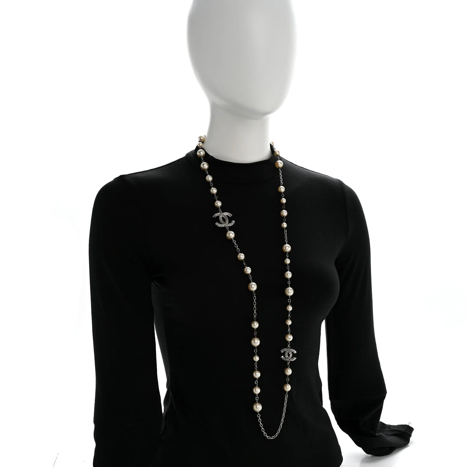 Pearl Baguette Crystal CC Long Necklace Silver - Image 2