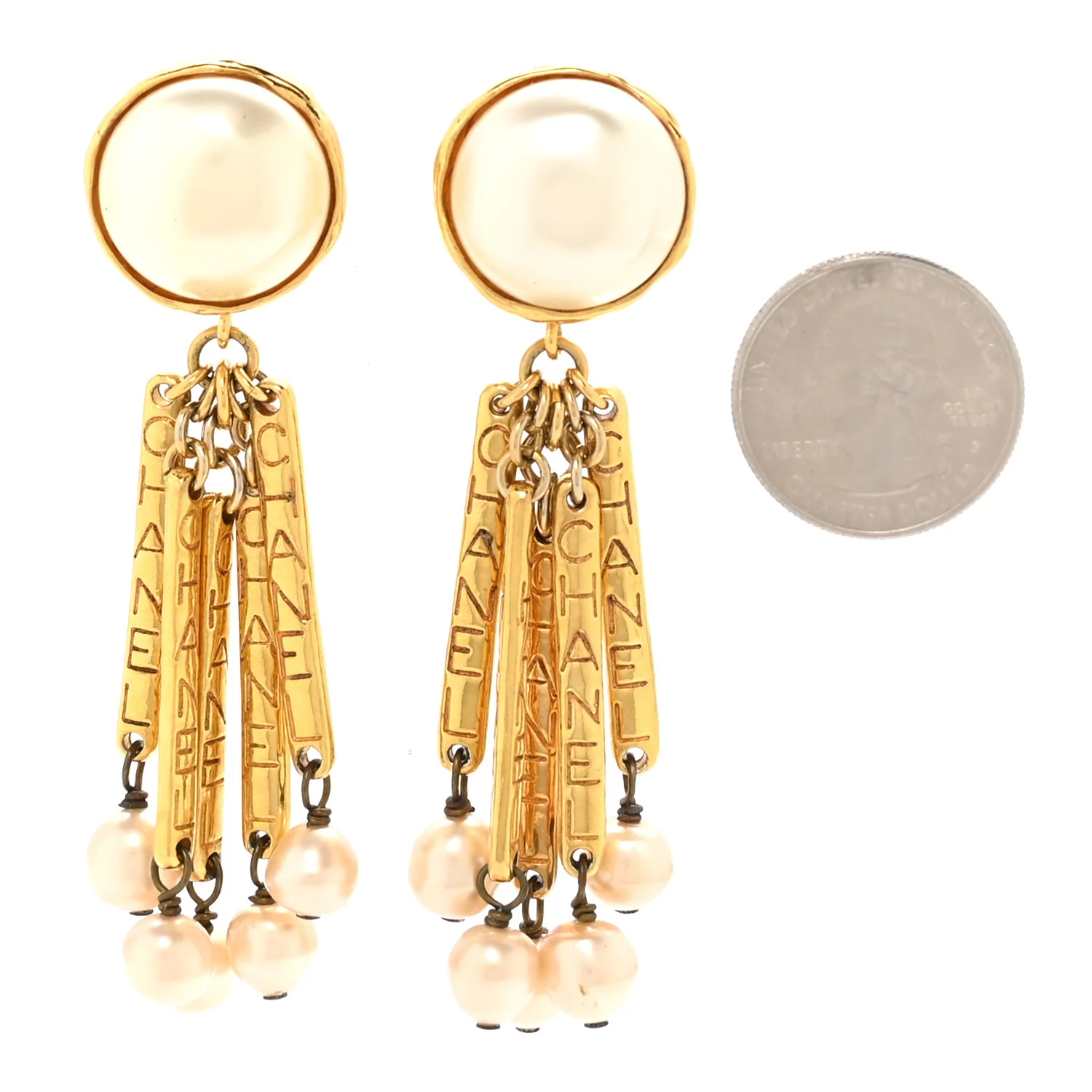 Pearl Baroque Dangle 3.5" Clip Earrings Gold White - Image 2