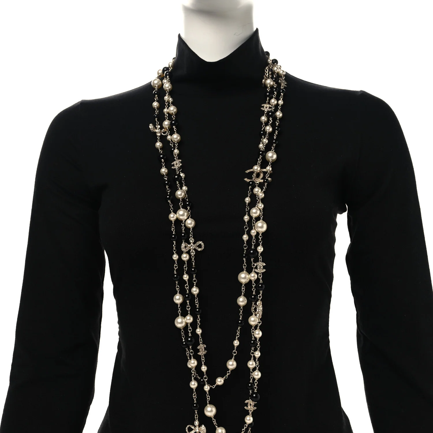 Pearl Beaded Crystal CC Long Necklace Gold Black White - Image 2