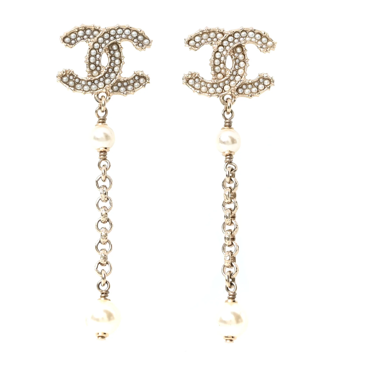 Pearl CC Chain Drop Earrings Gold