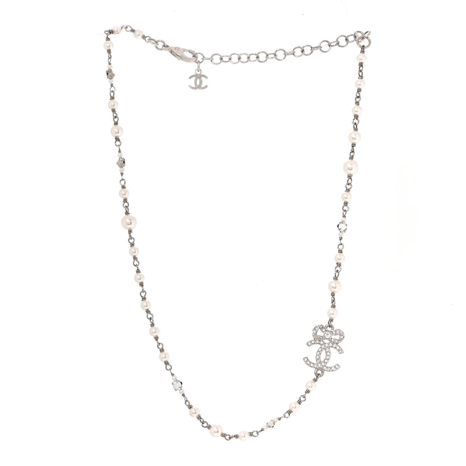 Pearl Crystal CC Bow Choker Necklace Silver Pearly White - Image 3