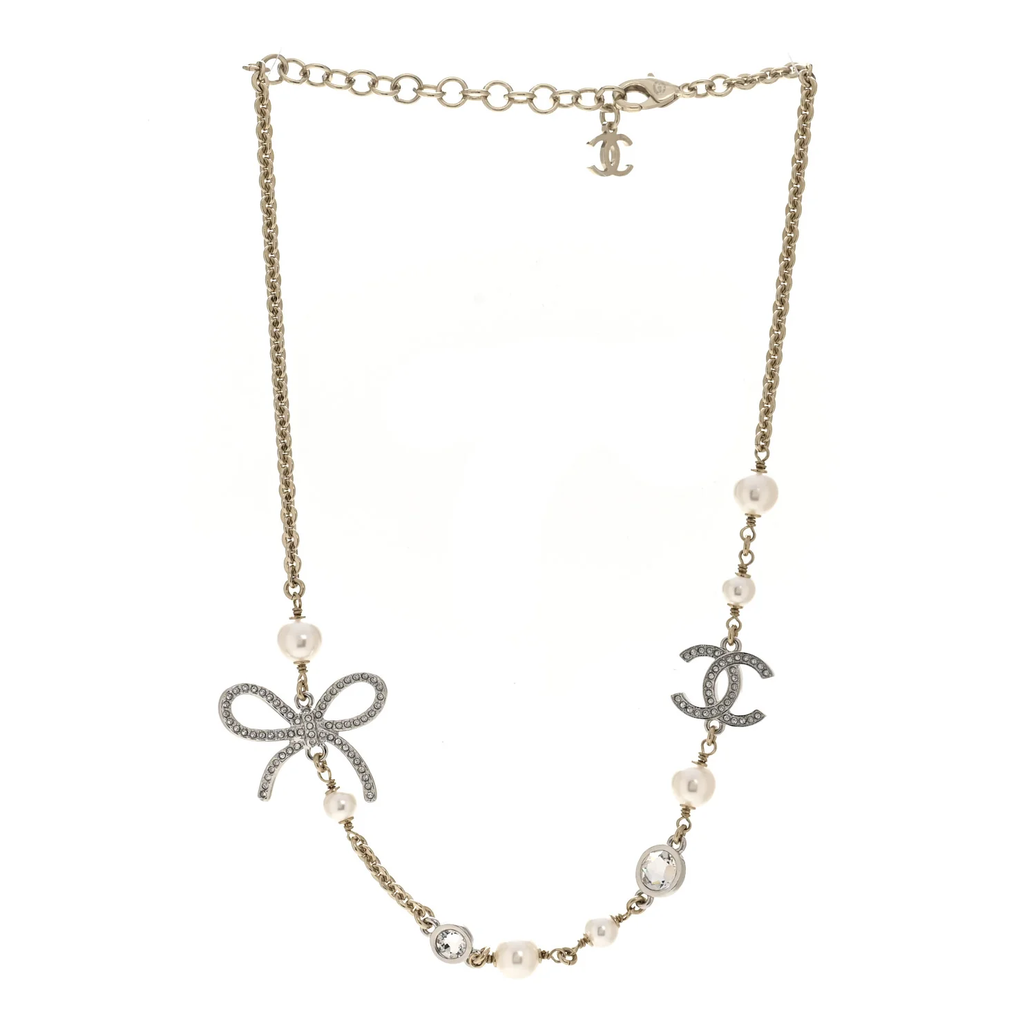 Pearl Crystal CC Bow Necklace Gold - Image 3