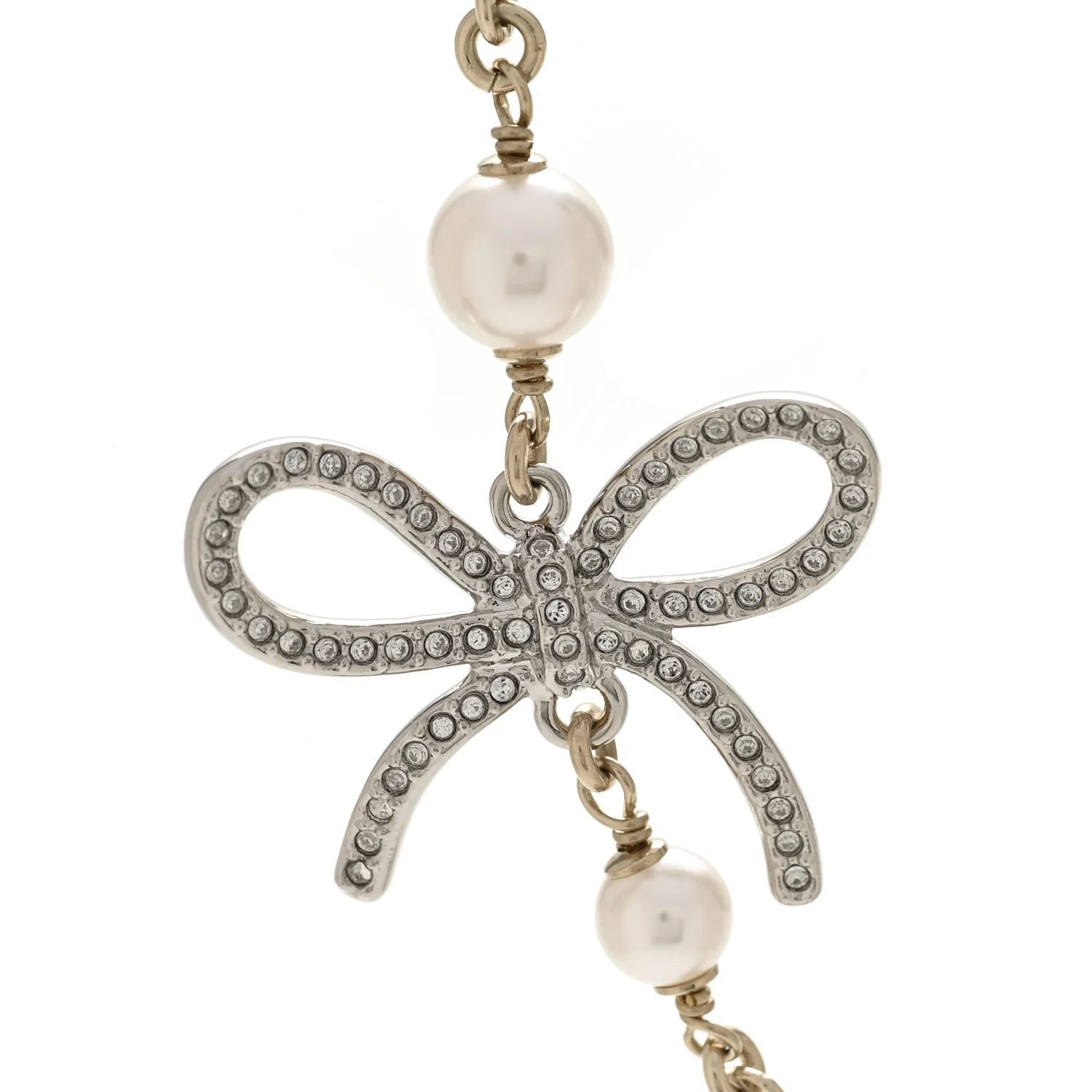 Pearl Crystal CC Bow Necklace Gold - Image 4