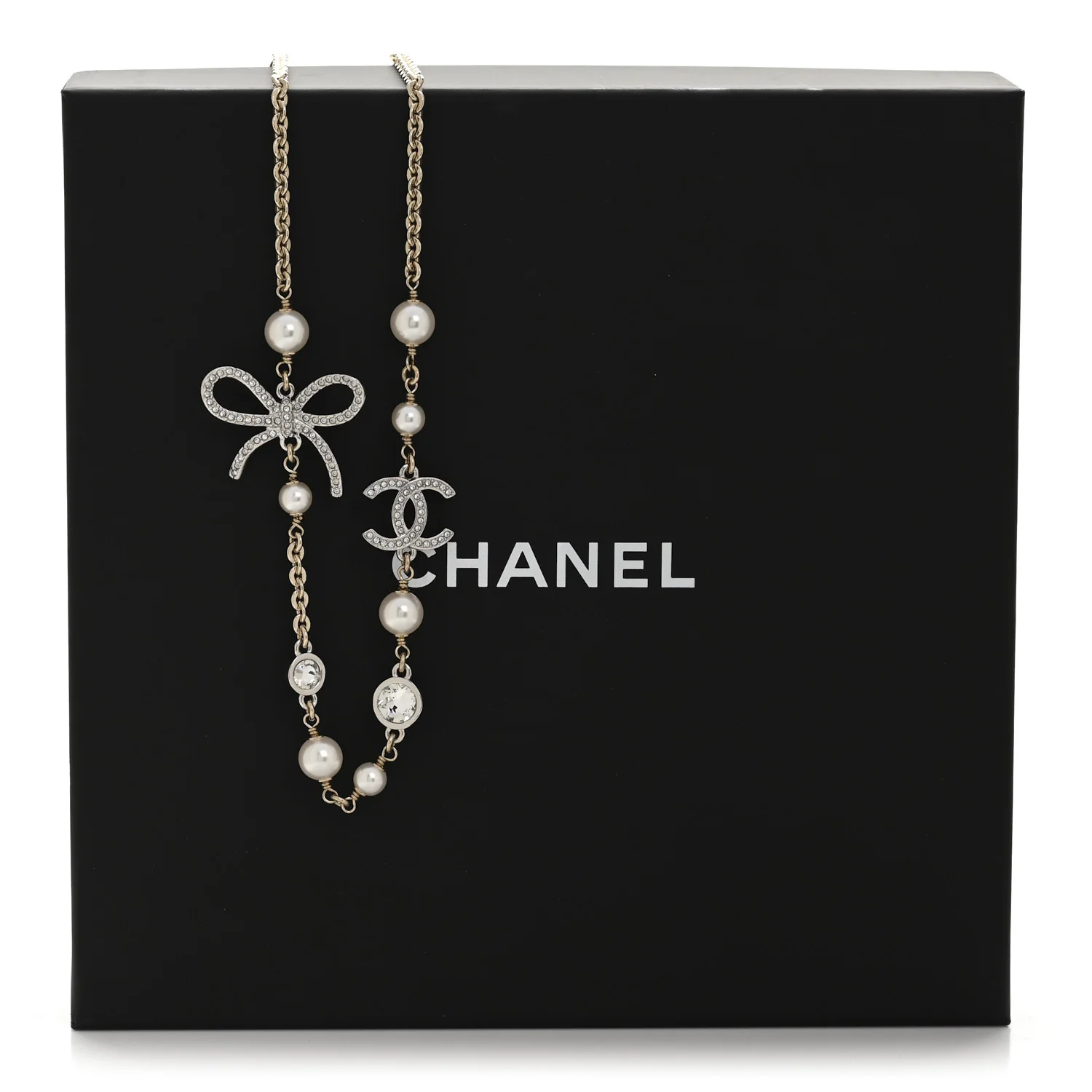 Pearl Crystal CC Bow Necklace Gold - Image 6