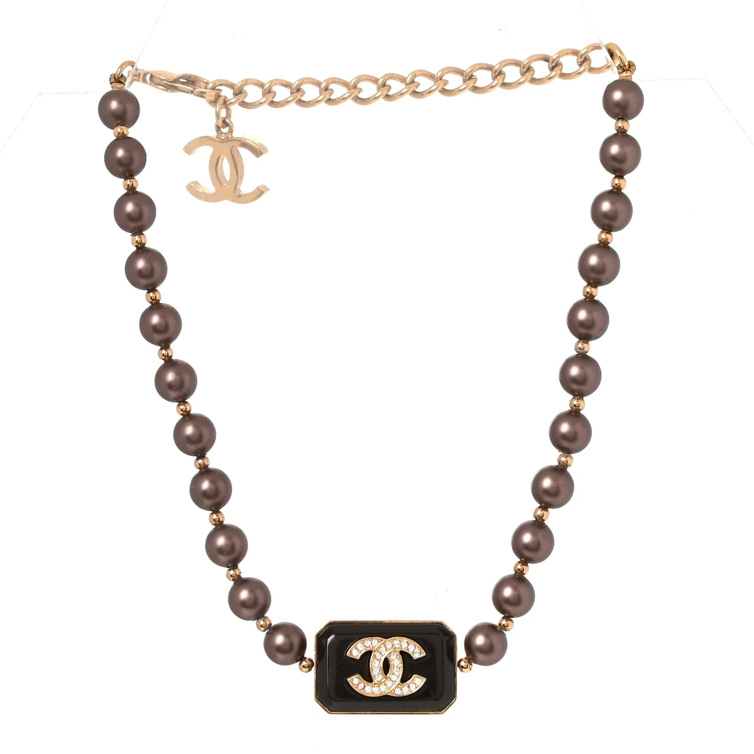 Pearl Crystal CC Choker Necklace Brown Gold - Image 3