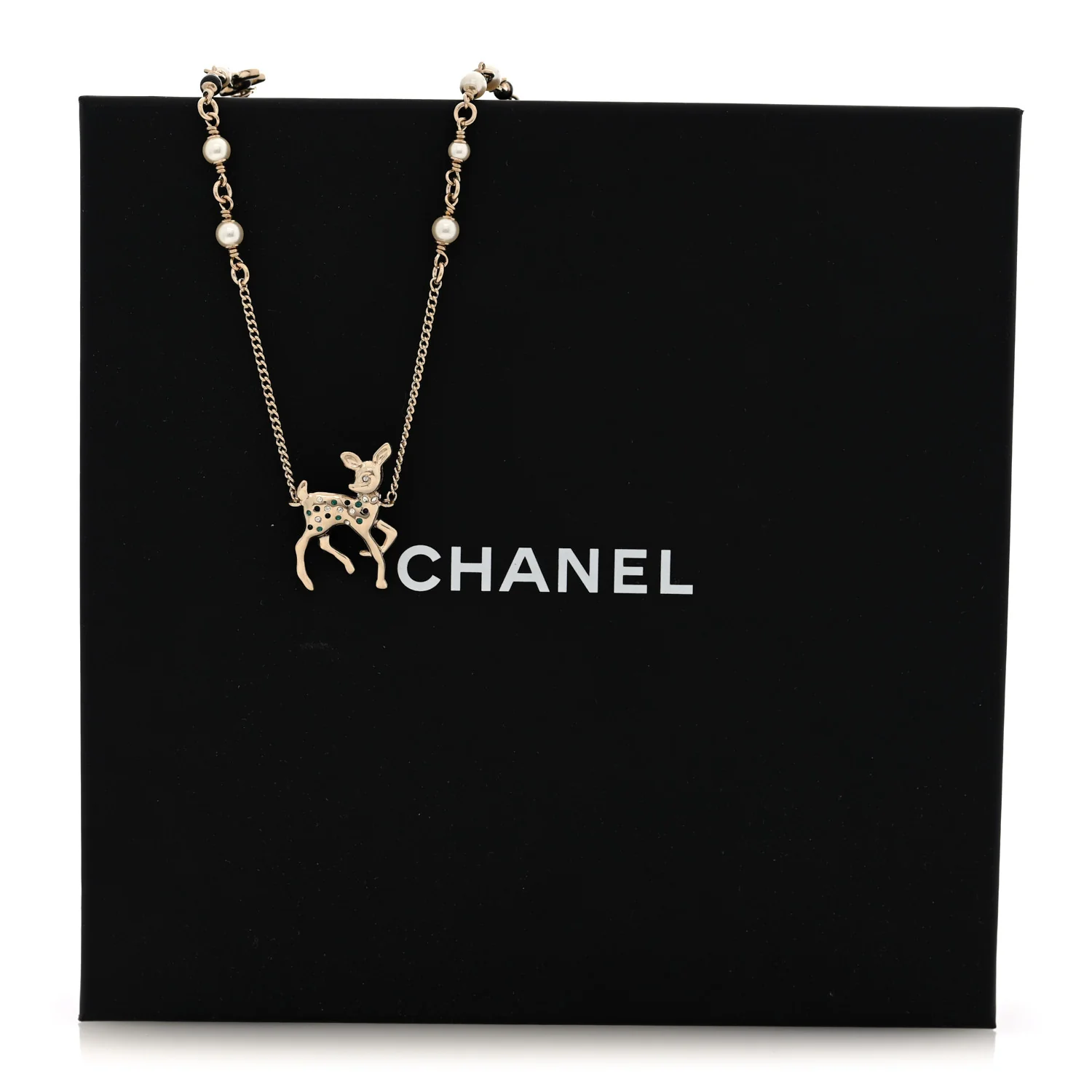 Pearl Crystal CC Deer Long Necklace Gold Green - Image 5