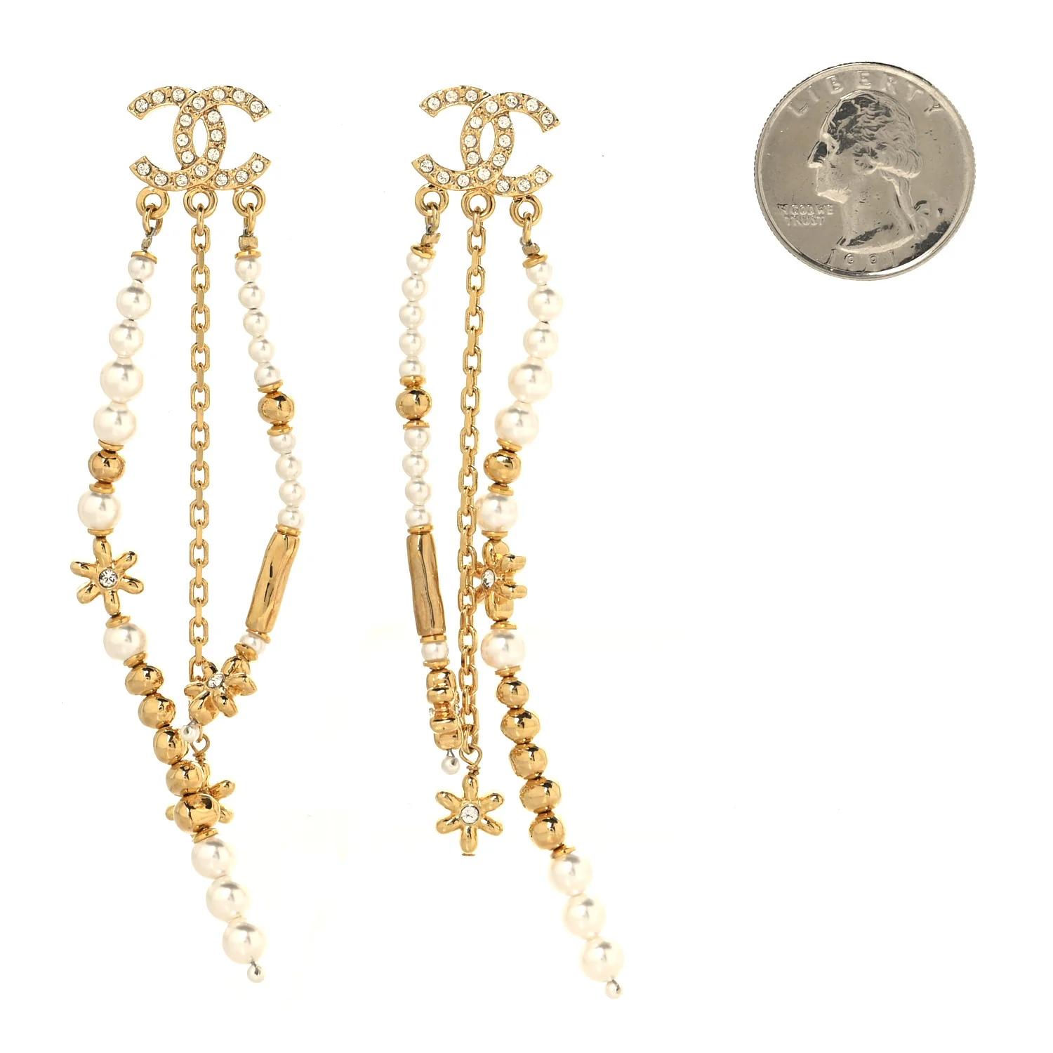 Pearl Crystal CC Flower Chain Multi Drop Earrings Gold - Image 2
