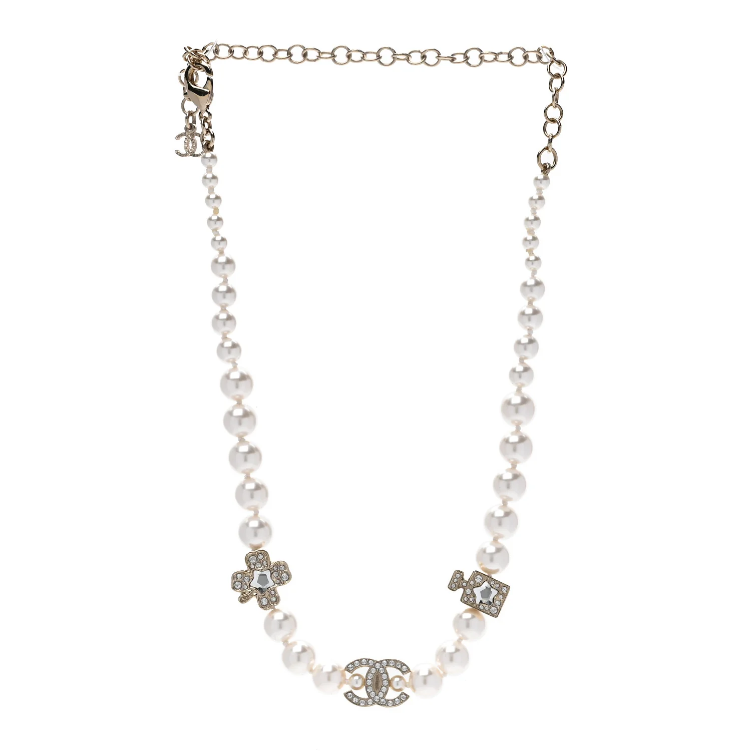 Pearl Crystal CC Short Charm Necklace Gold - Image 3