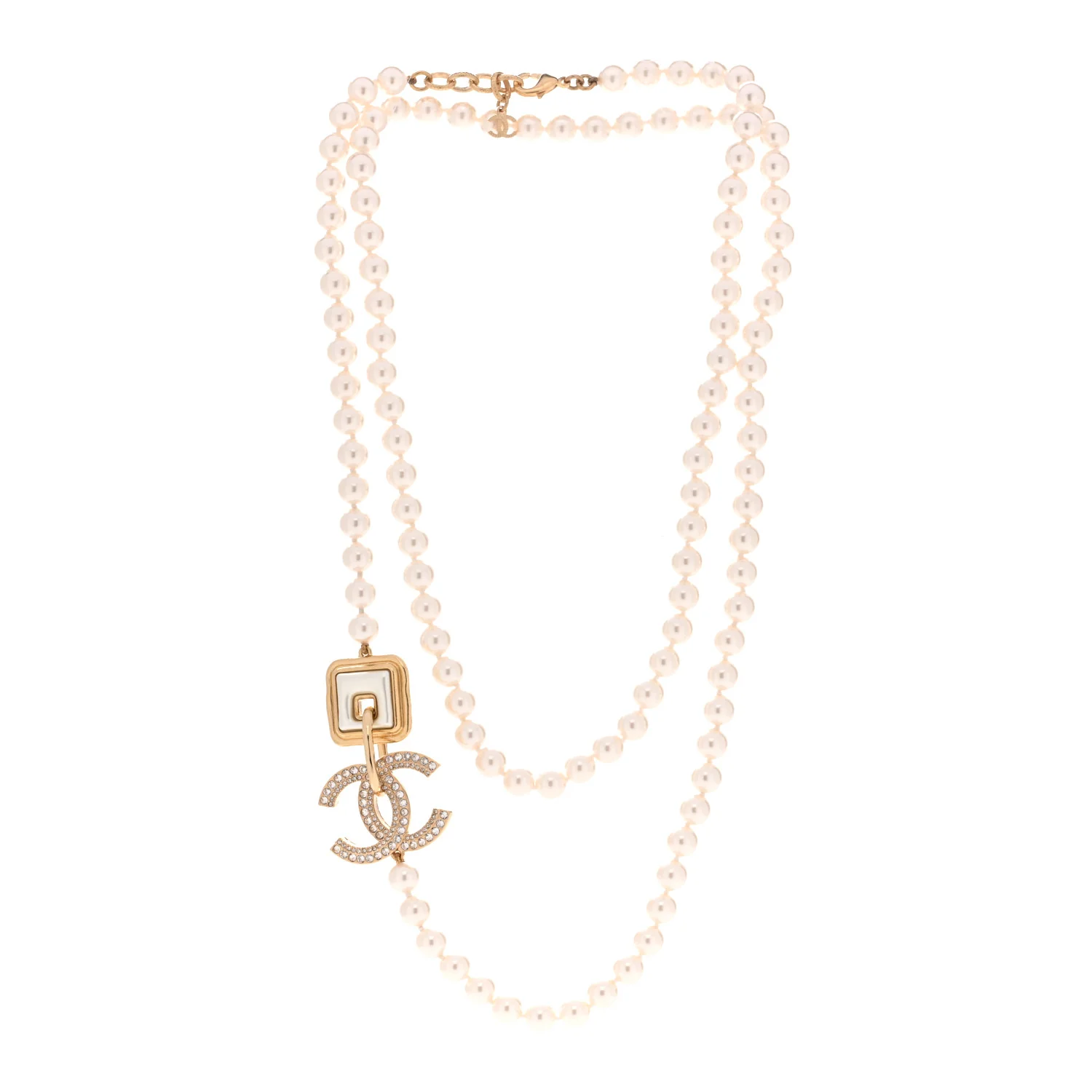 Pearl Crystal CC Square Long Necklace Gold Pearly White - Image 3