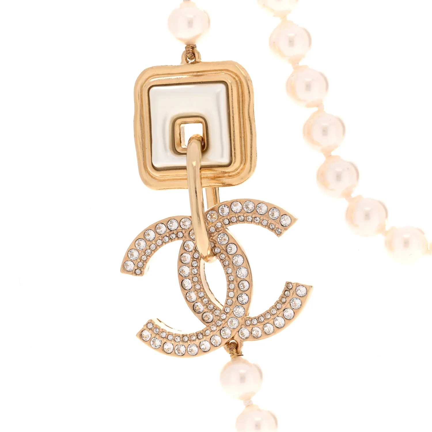 Pearl Crystal CC Square Long Necklace Gold Pearly White - Image 4