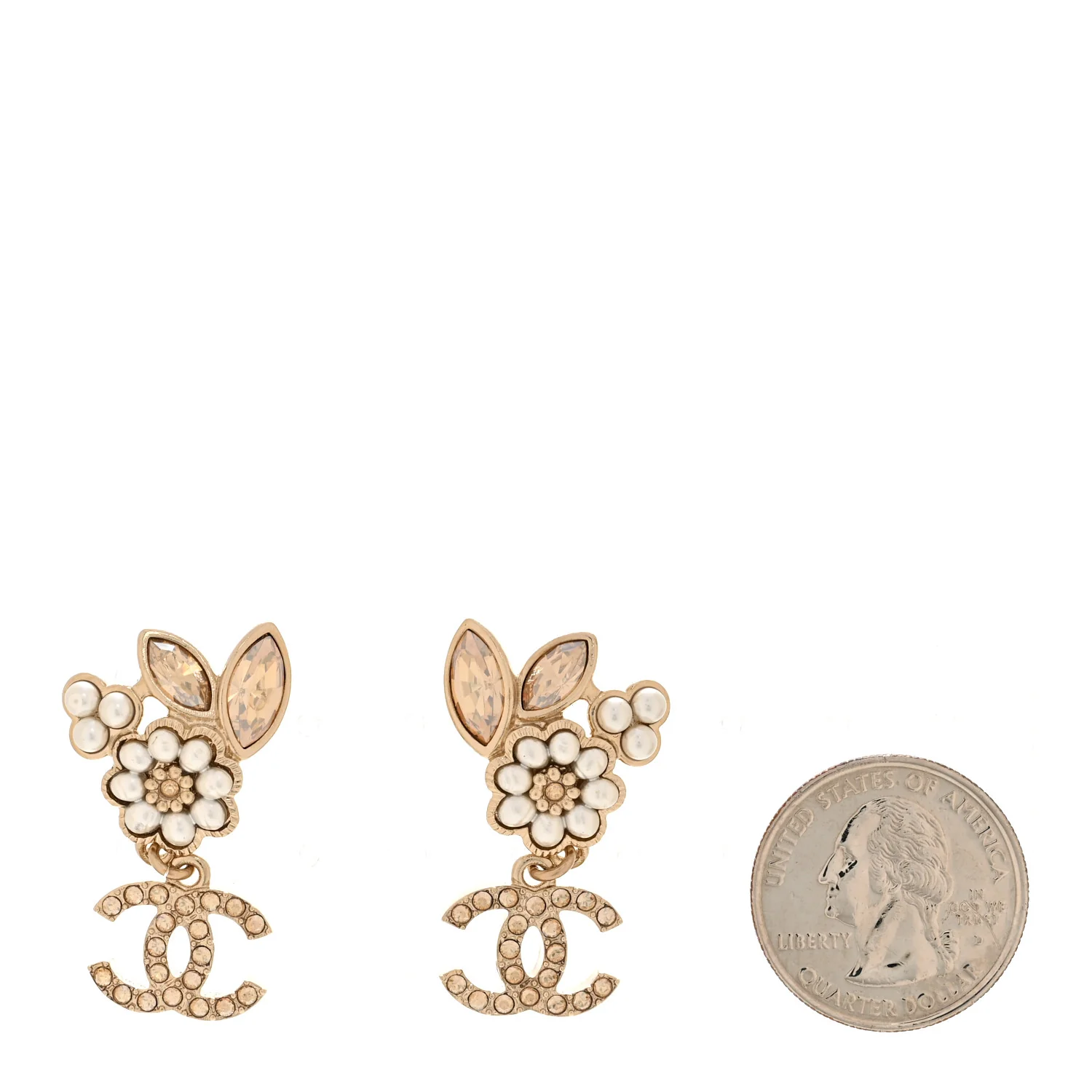 Pearl Crystal Drop CC Earrings Gold White - Image 2