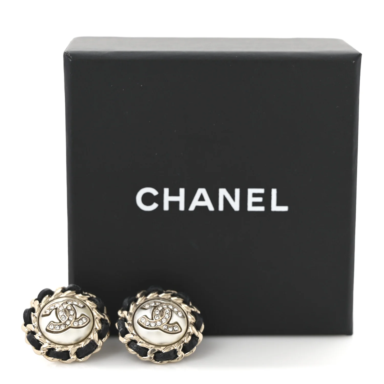 Pearl Crystal Lambskin CC Earrings Gold Black - Image 5