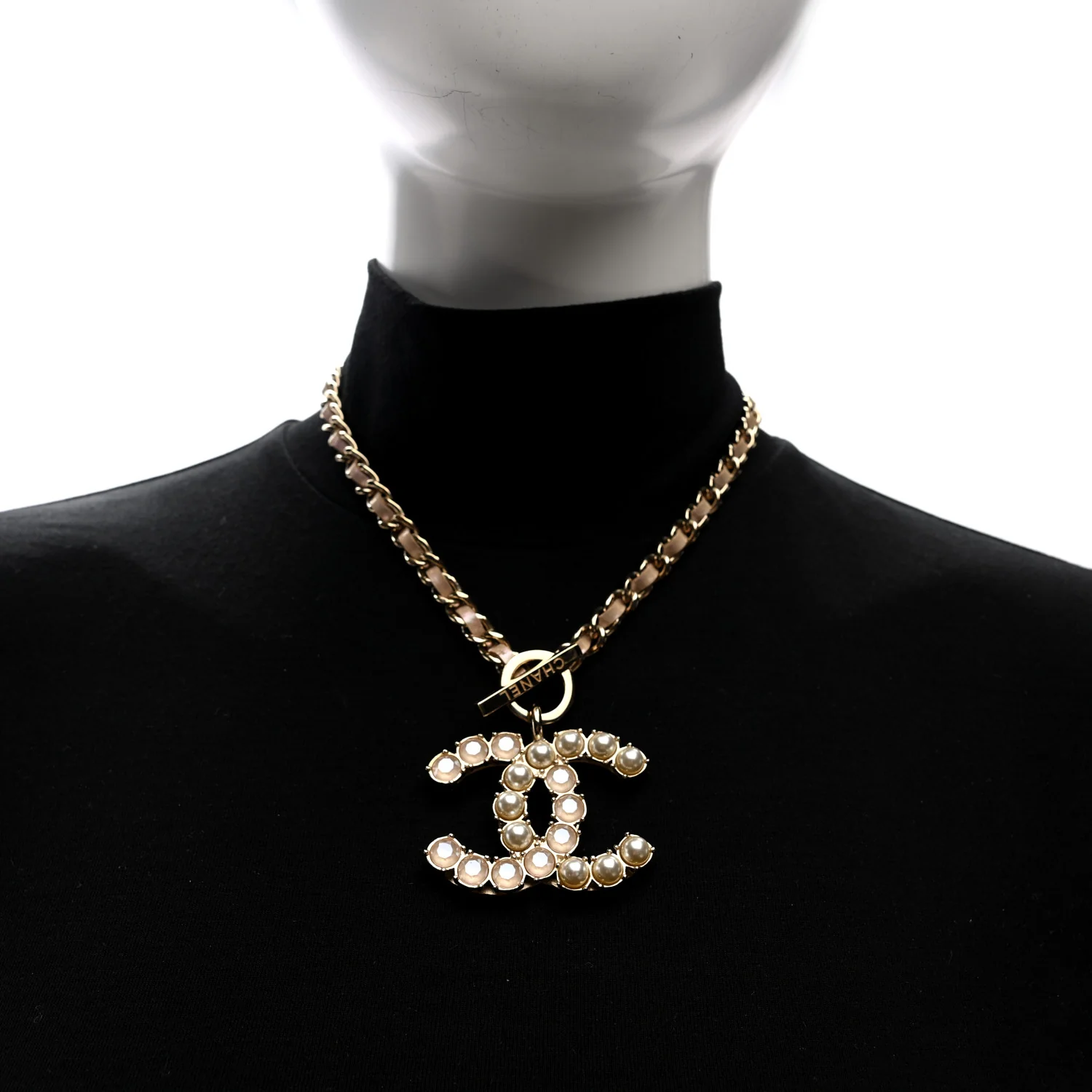 Pearl Crystal Lambskin Chain CC Dazzling Domino Necklace White Gold Pink - Image 2