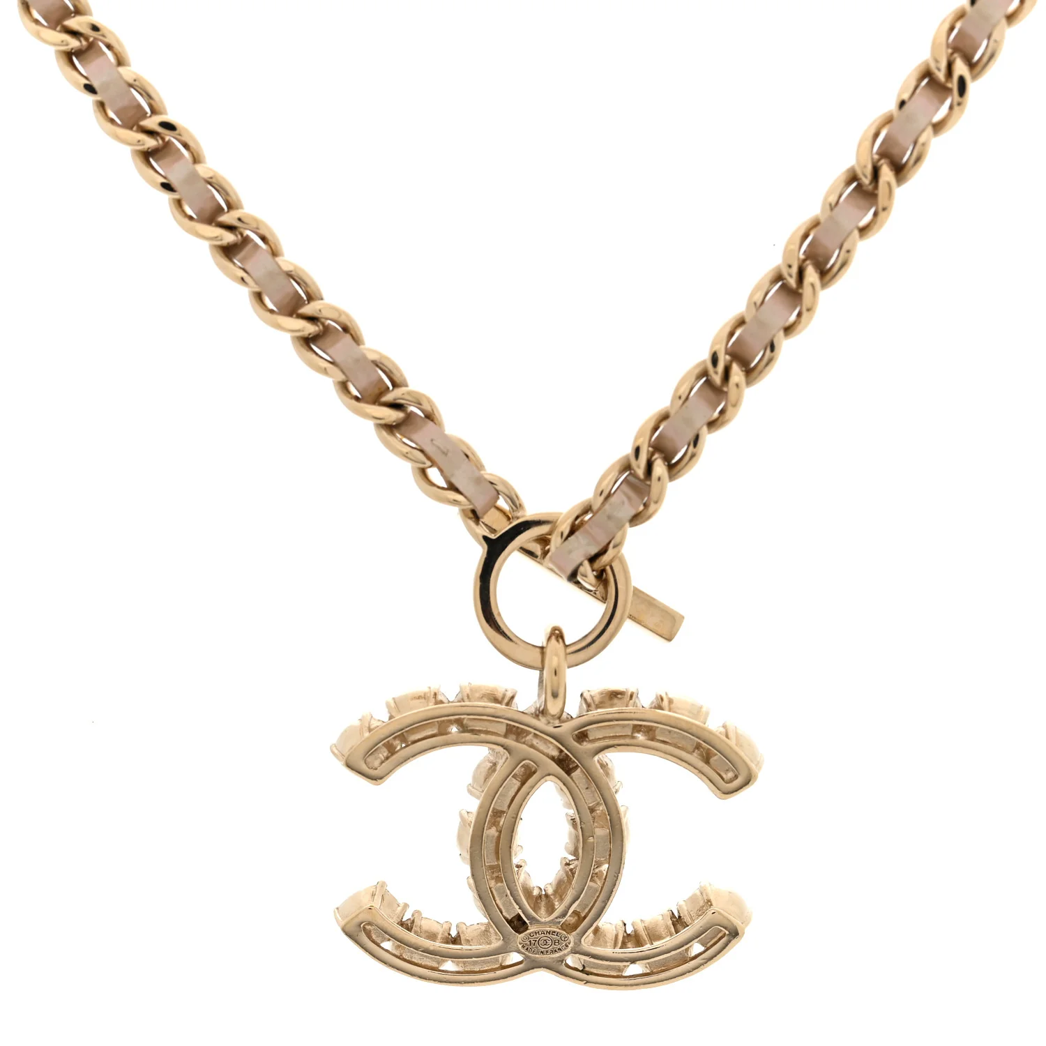 Pearl Crystal Lambskin Chain CC Dazzling Domino Necklace White Gold Pink - Image 4