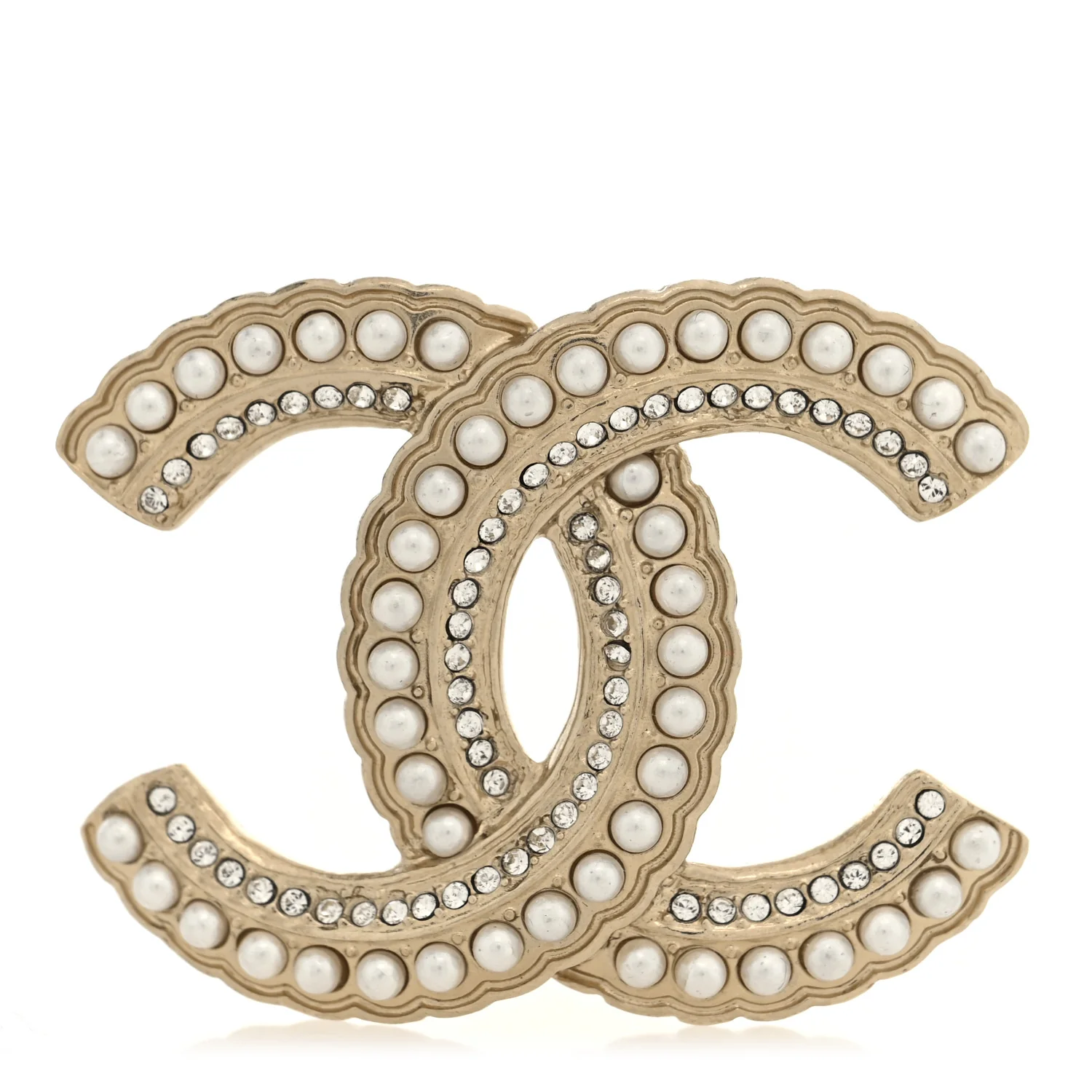 Pearl Crystal Queen of France CC Brooch Gold