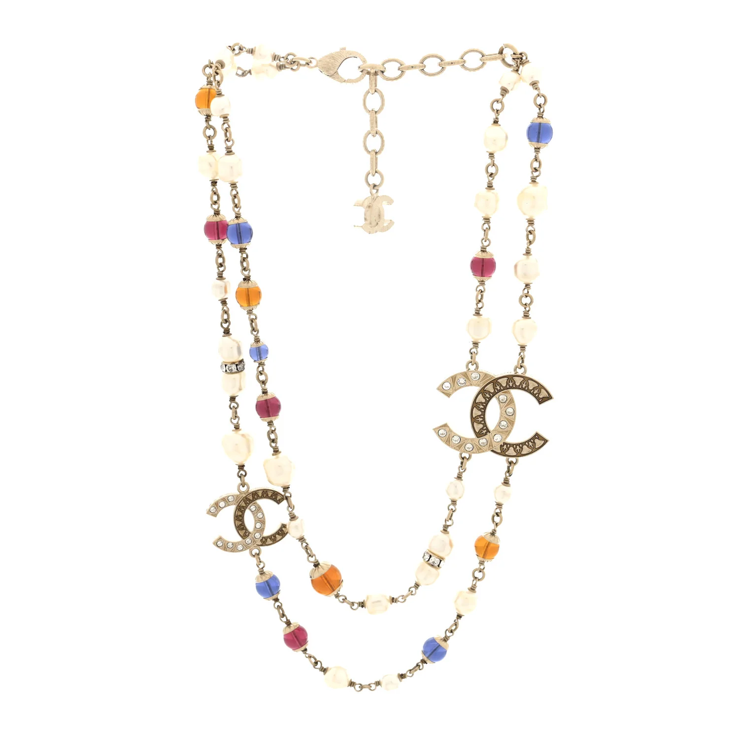 Pearl Crystal Resin CC Beaded Long Necklace Gold Pearly Gold Multicolor - Image 3