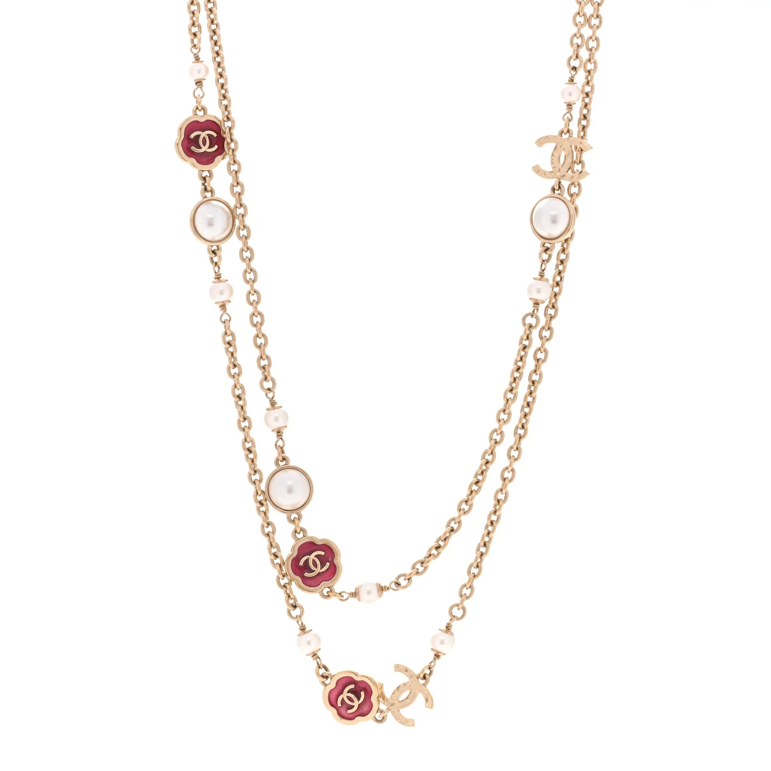 Pearl Enamel CC Camellia Long Necklace Pink Gold