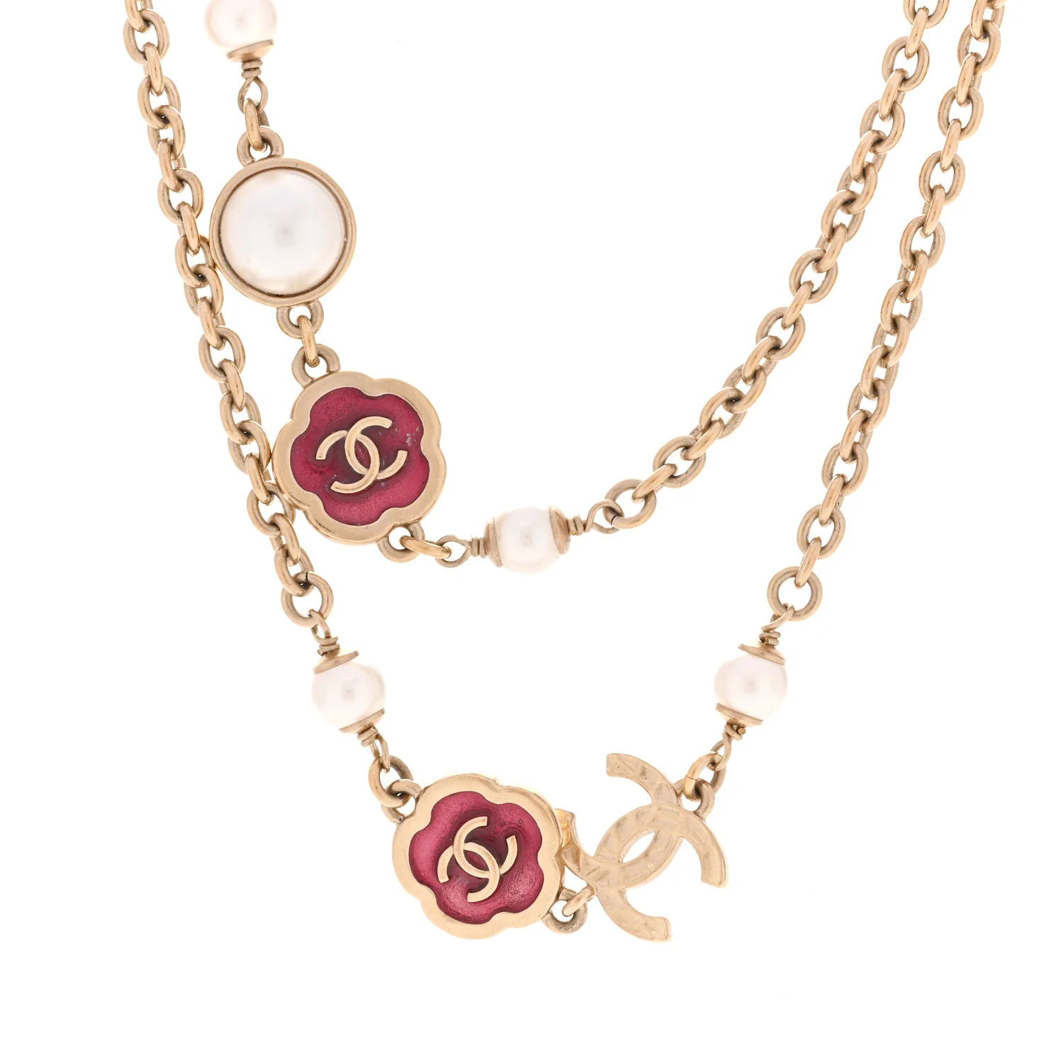 Pearl Enamel CC Camellia Long Necklace Pink Gold - Image 4