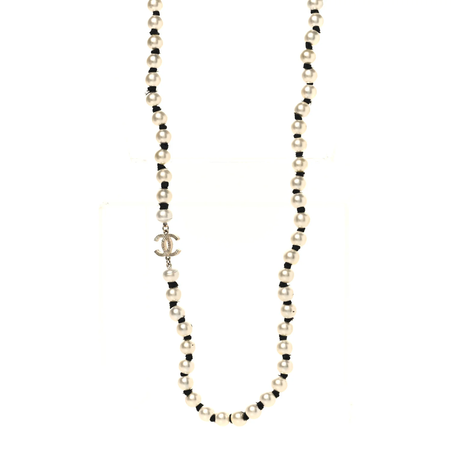 Pearl Grosgrain CC Long Necklace Gold