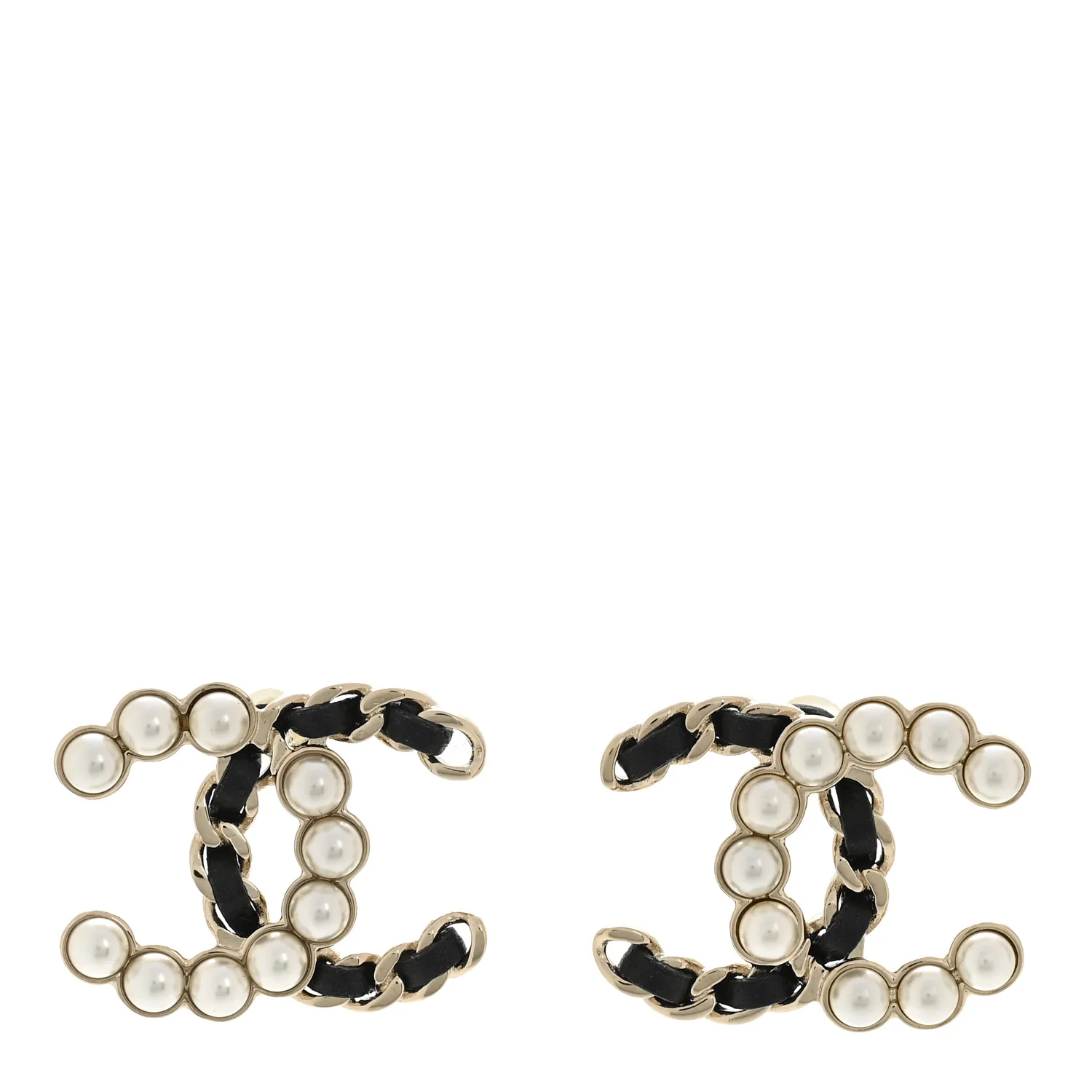 Pearl Lambskin Chain CC Stud Earrings Gold Black