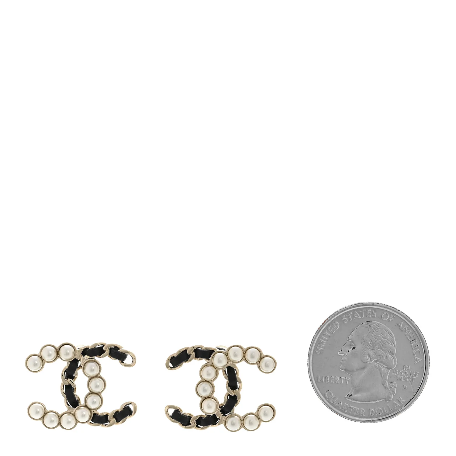 Pearl Lambskin Chain CC Stud Earrings Gold Black - Image 2
