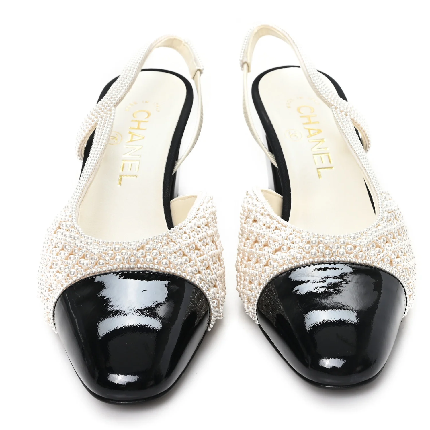 Pearl Patent Cap Toe CC Slingback Pumps 37 Ivory Black - Image 3