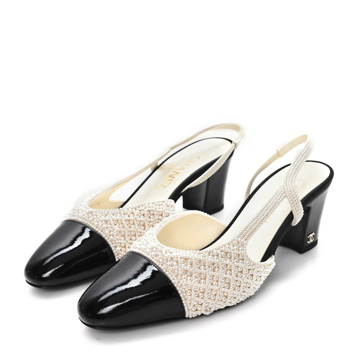 Pearl Patent Cap Toe CC Slingback Pumps 37 Ivory Black - Image 4