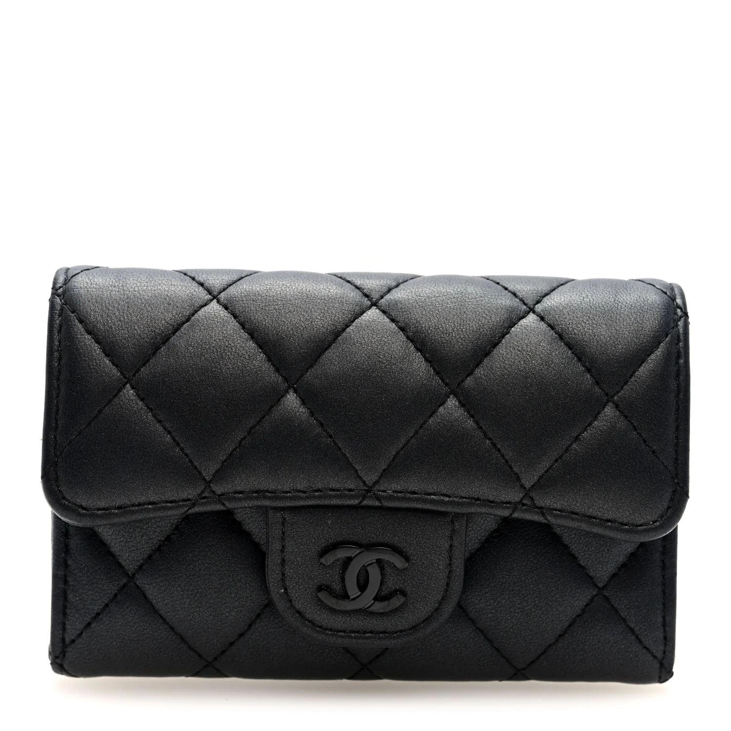 Pearly Lambskin Quilted Flap Card Holder Wallet So Black