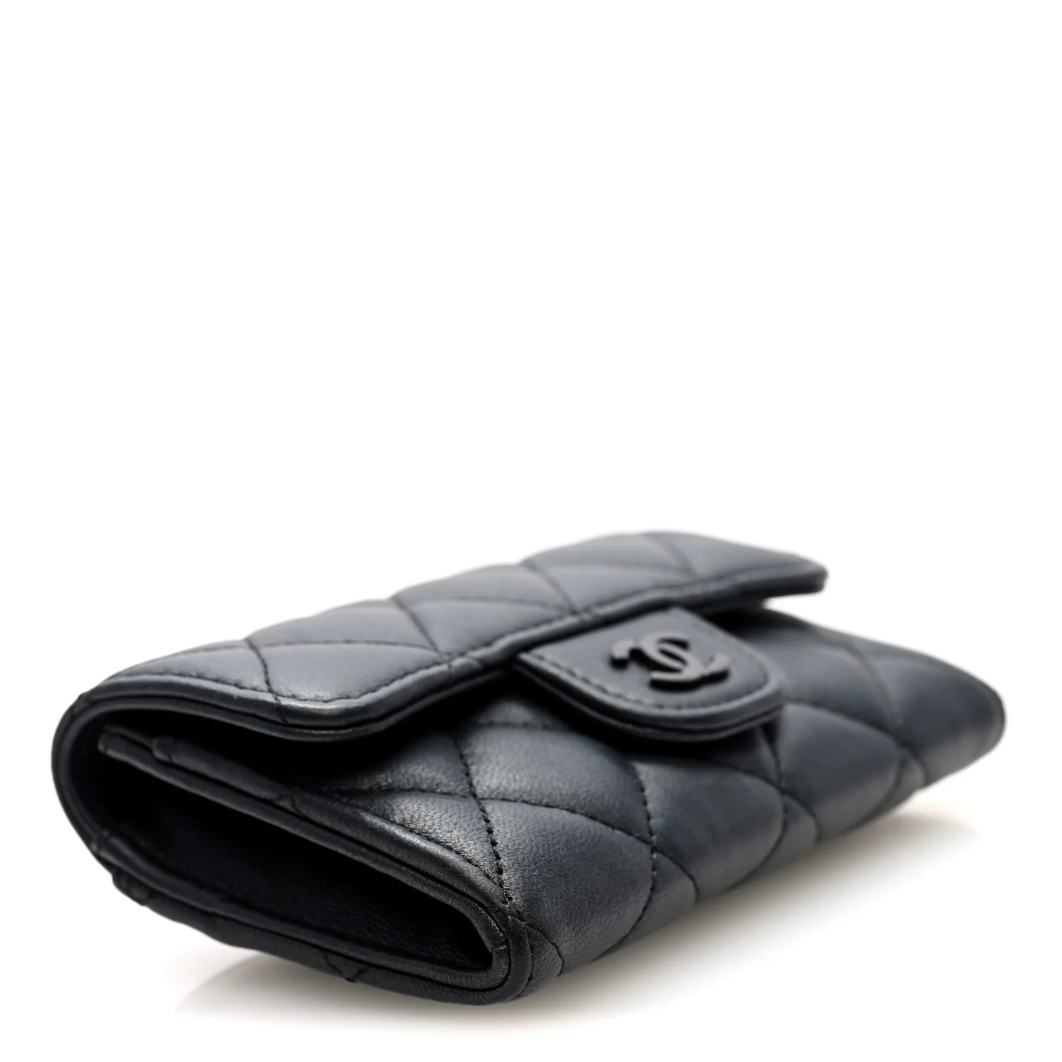 Pearly Lambskin Quilted Flap Card Holder Wallet So Black - Image 4