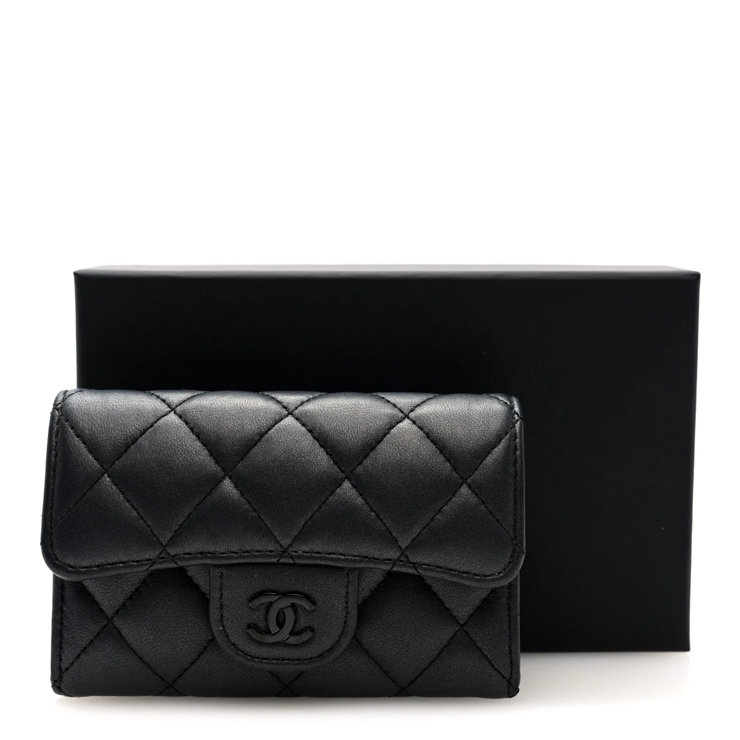 Pearly Lambskin Quilted Flap Card Holder Wallet So Black - Image 8