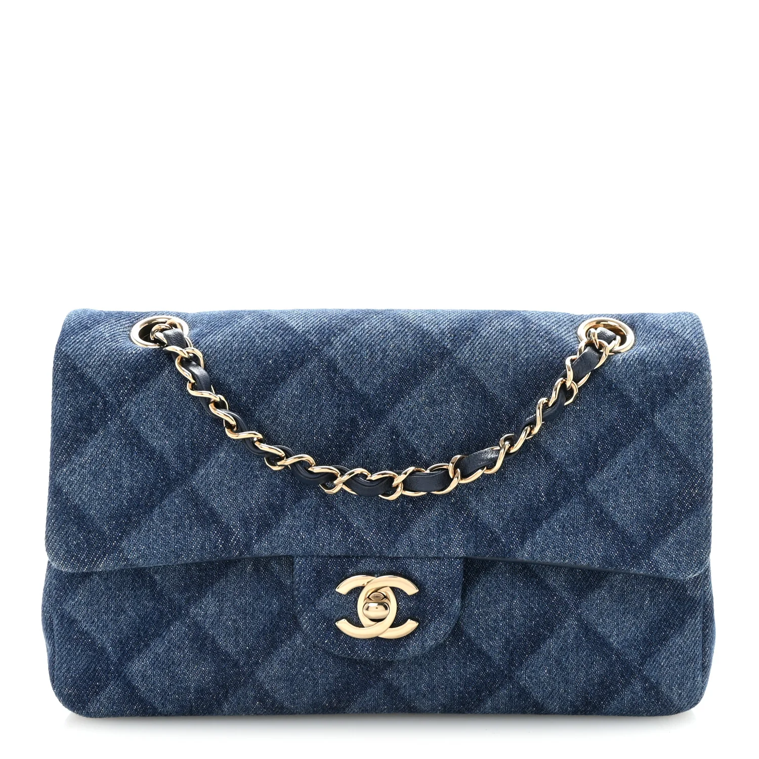 Printed Denim Quilted Small Double Flap Blue
