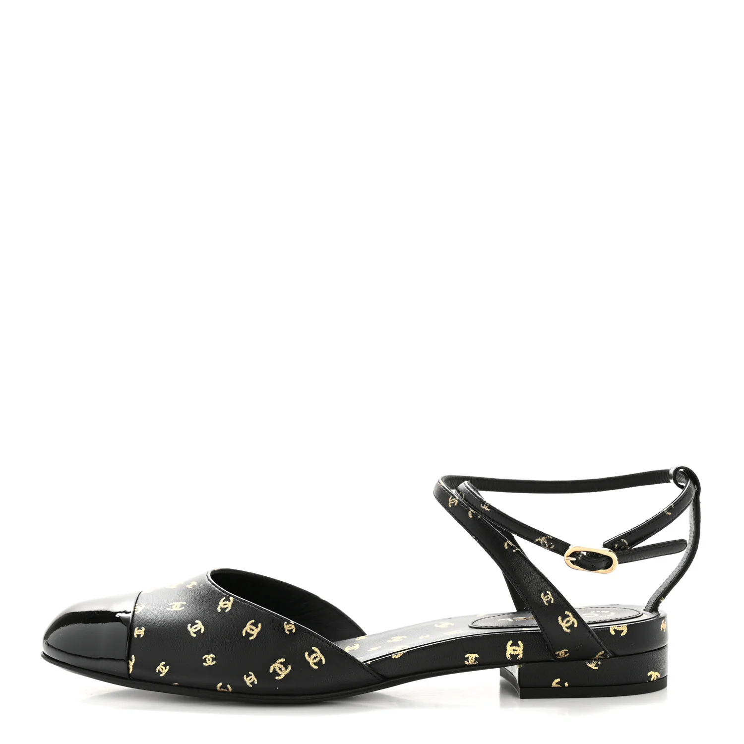 Printed Lambskin Patent Calfskin Cap Toe CC Slingbacks 36.5 Black Gold