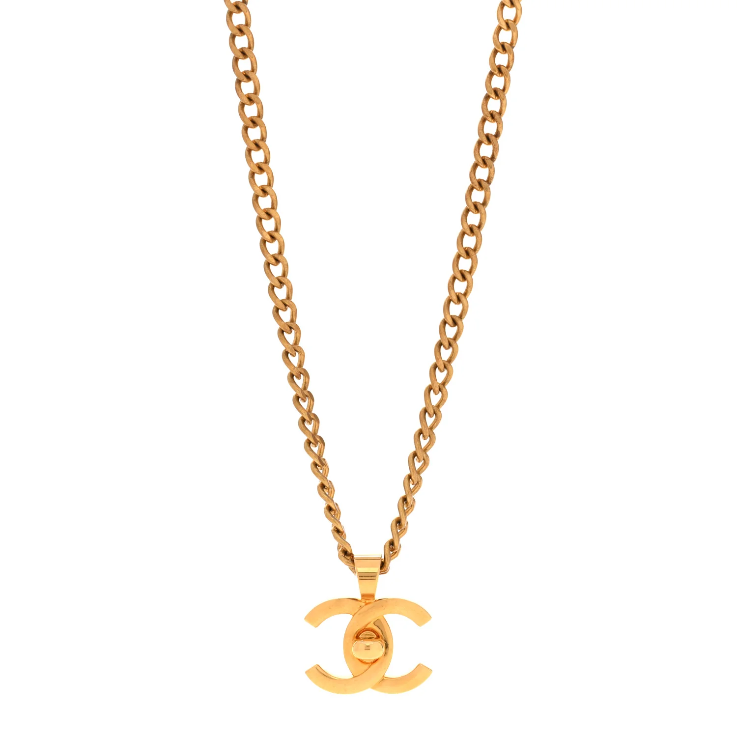 Quilted CC Pendant Chain Necklace Gold