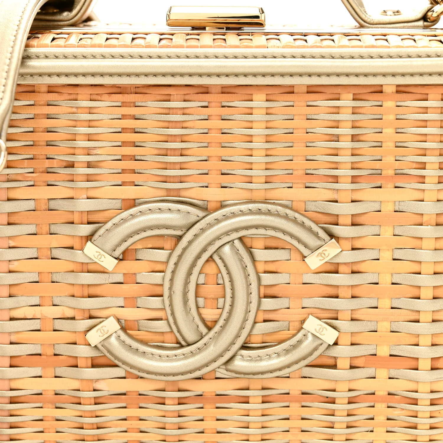 Raffia Calfskin Medium CC Filigree Vanity Case Gold - Image 9